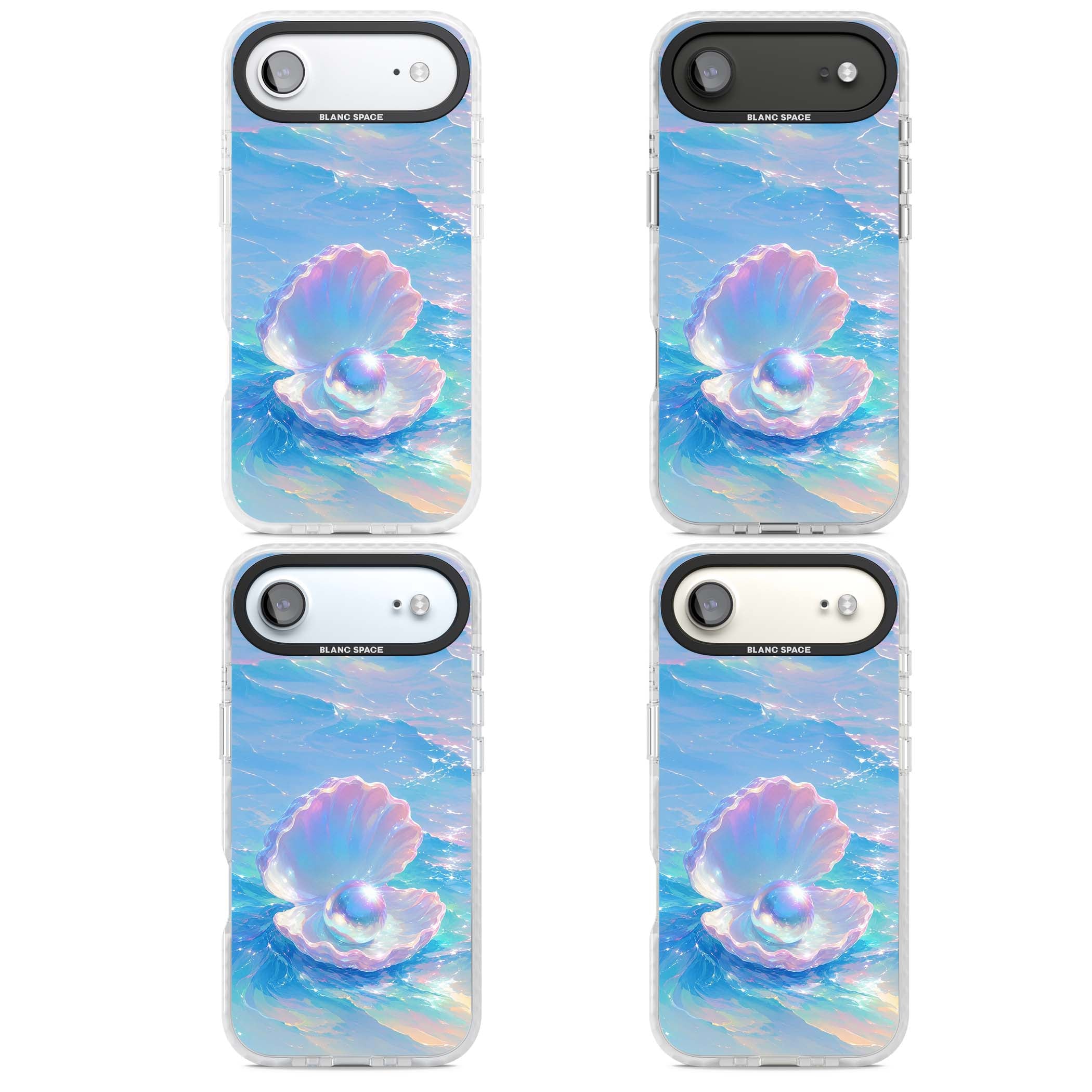The Pearl Clam mermaidcore iPhone case featuring iridescent seashell, glowing pearl and pastel ocean waves | Black Impact case for iPhone Air
