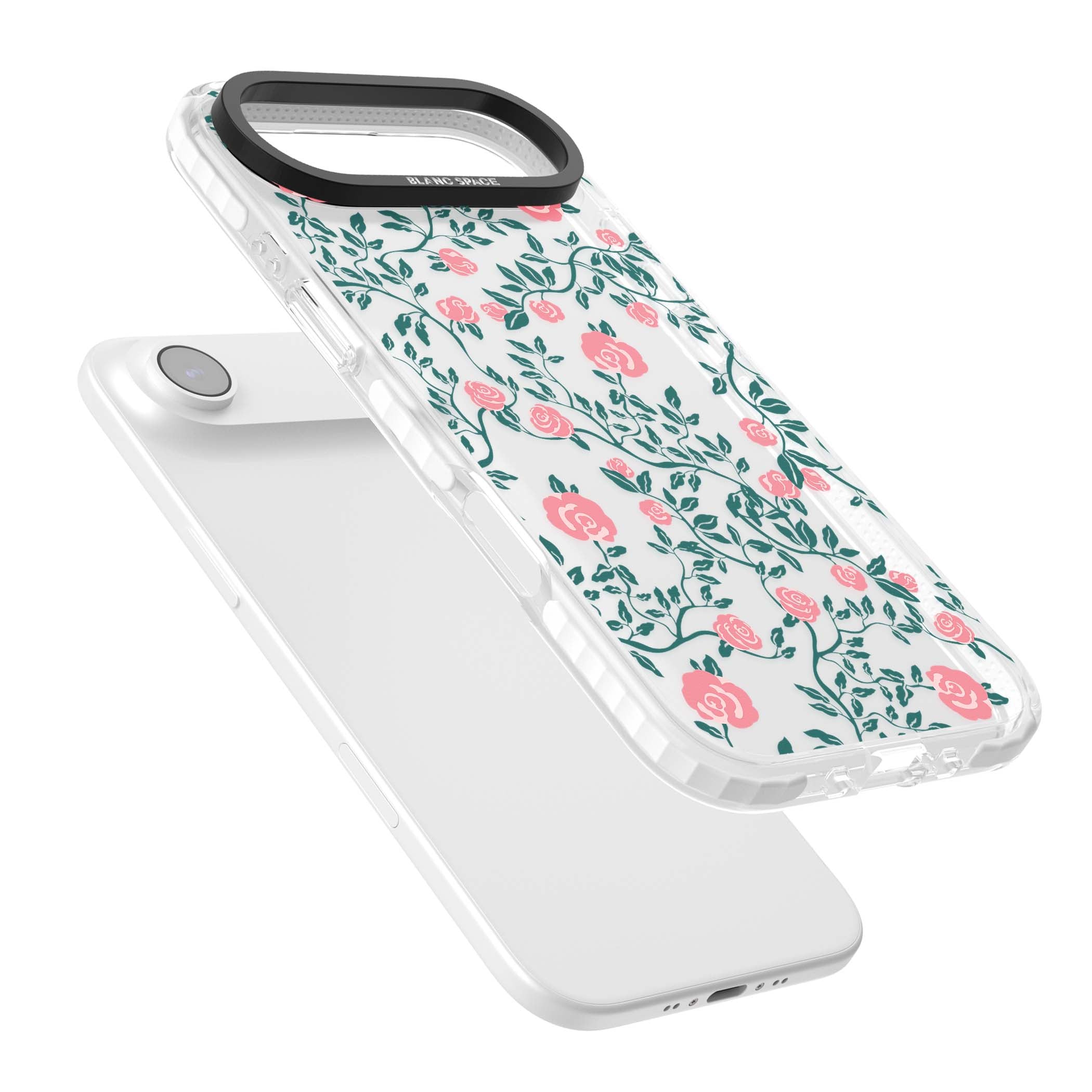Rose Trellis (Clear) cottagecore iPhone case featuring pink climbing roses and green leaves on clear background | Black Impact case for iPhone Air