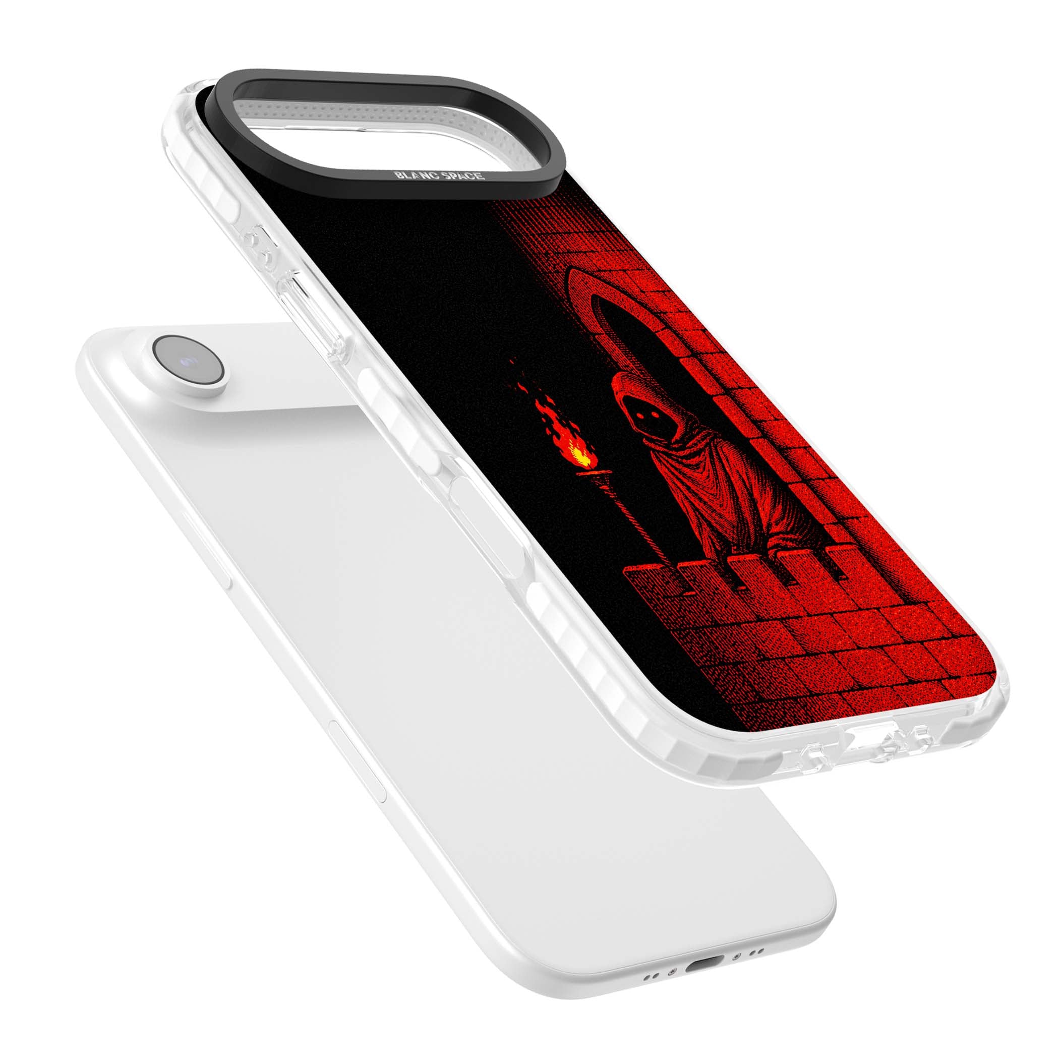 Crimson Crypt gothic iPhone case featuring a hooded reaper, torchlit crypt archway and red halftone horror art | Black Impact case for iPhone Air