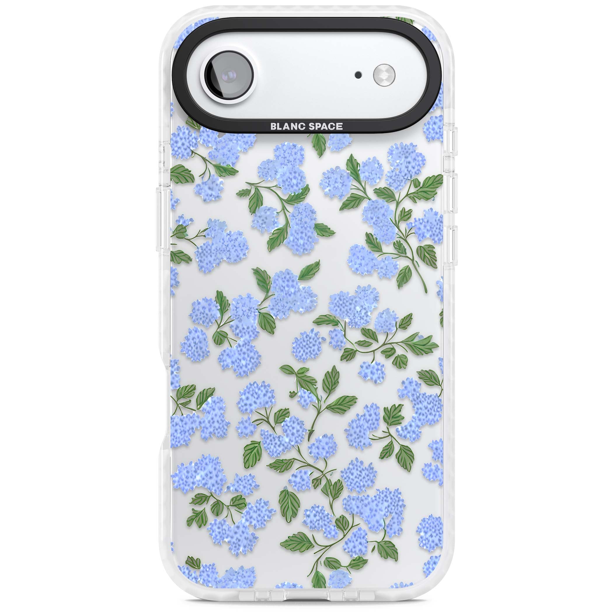 Hydrangea Dreams cottagecore iPhone case featuring soft blue hydrangea flower clusters and green leaves | Black Impact case for iPhone Air