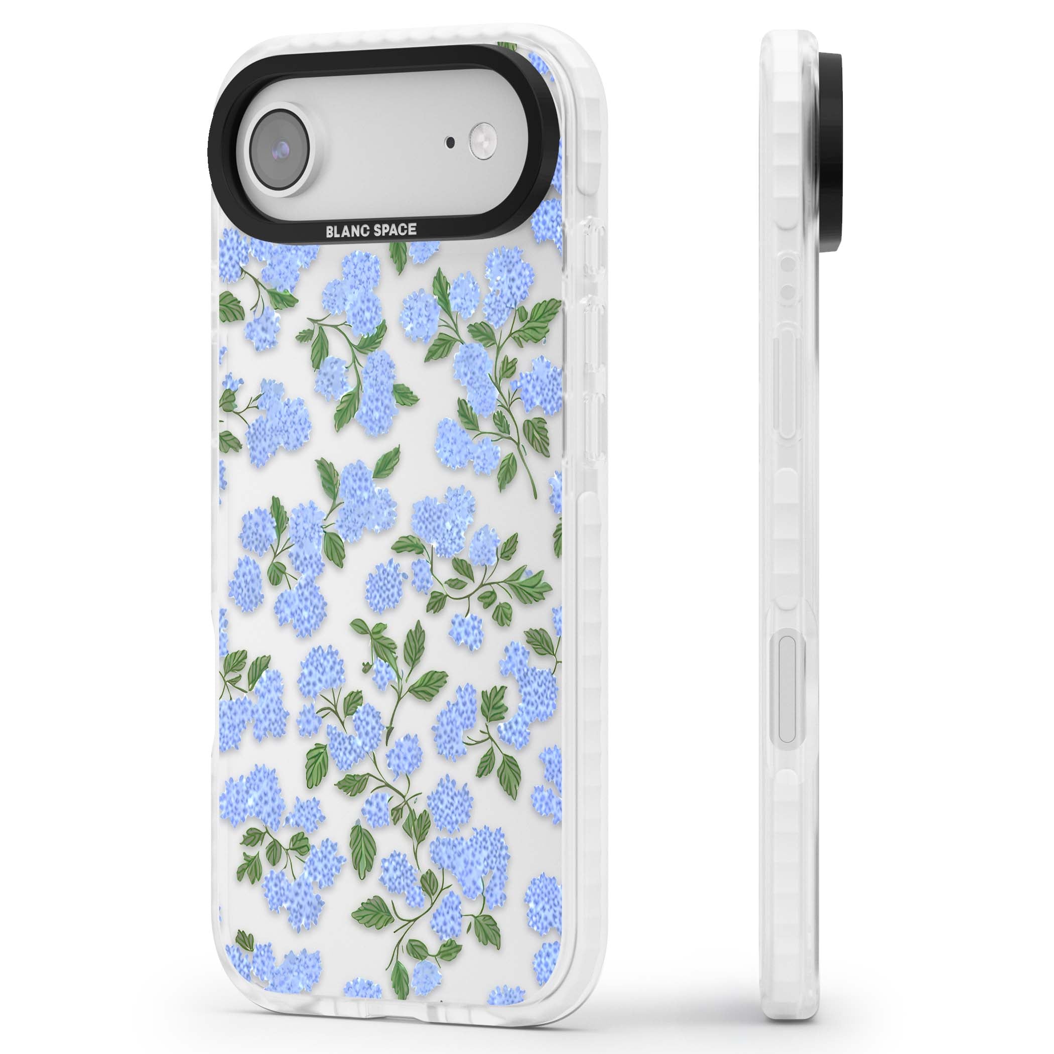 Hydrangea Dreams cottagecore iPhone case featuring soft blue hydrangea flower clusters and green leaves | Black Impact case for iPhone Air