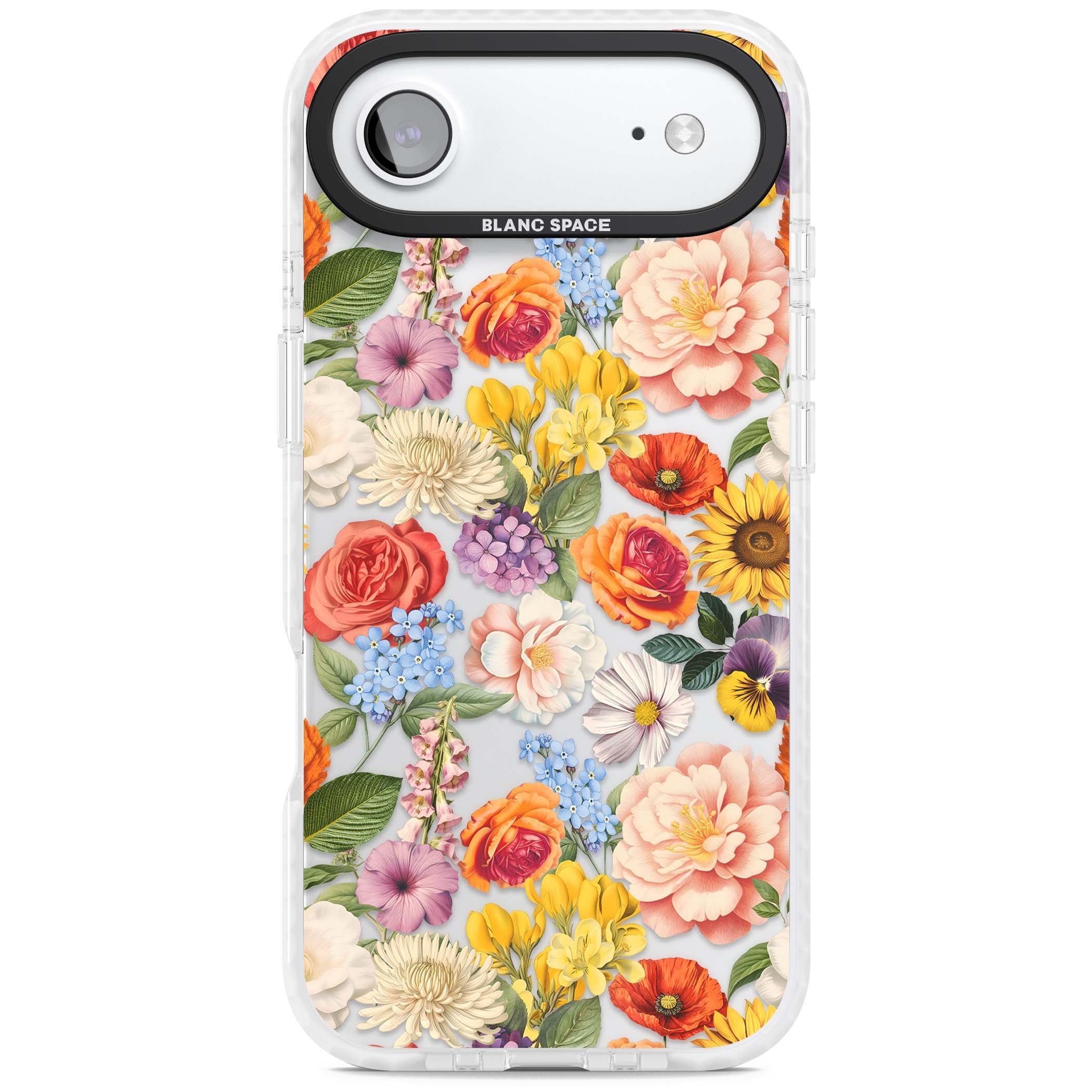 Bloom Basket floral iPhone case featuring cottage garden flowers including peonies, sunflowers, and wildflowers in pastel col | Black Impact case for iPhone Air