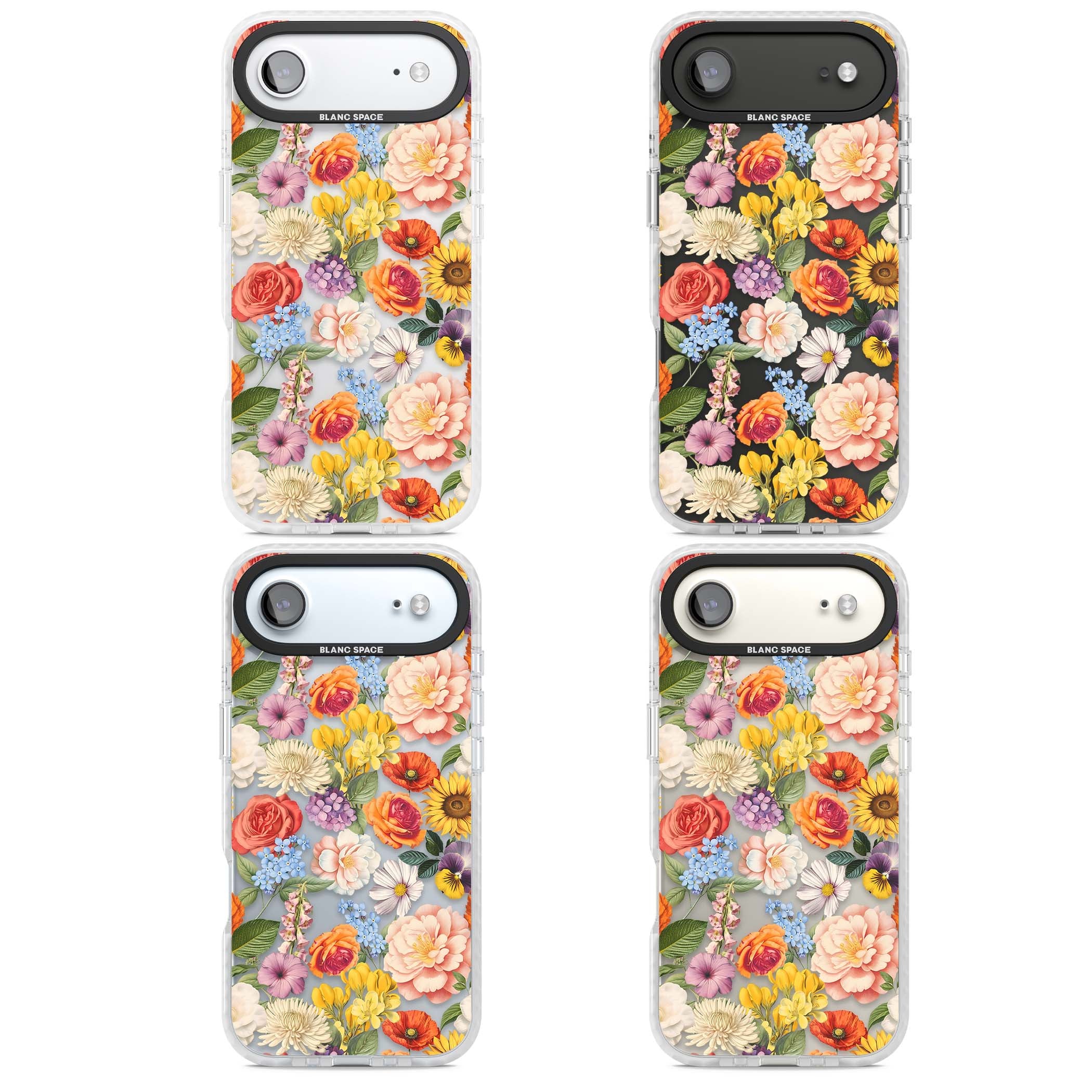 Bloom Basket floral iPhone case featuring cottage garden flowers including peonies, sunflowers, and wildflowers in pastel col | Black Impact case for iPhone Air