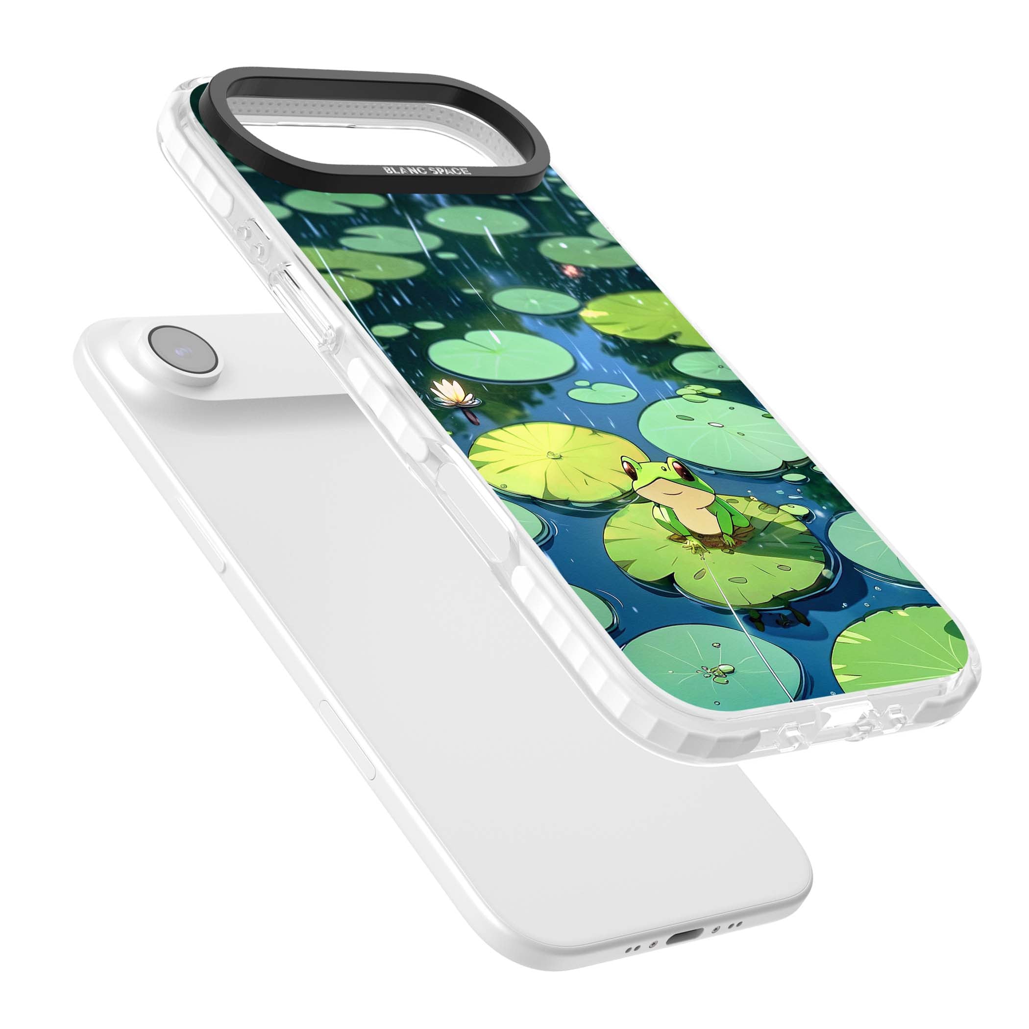 Frog In Lily Pond cottagecore iPhone case featuring a cute green frog on a lily pad with falling rain and a lotus flower | Black Impact case for iPhone Air