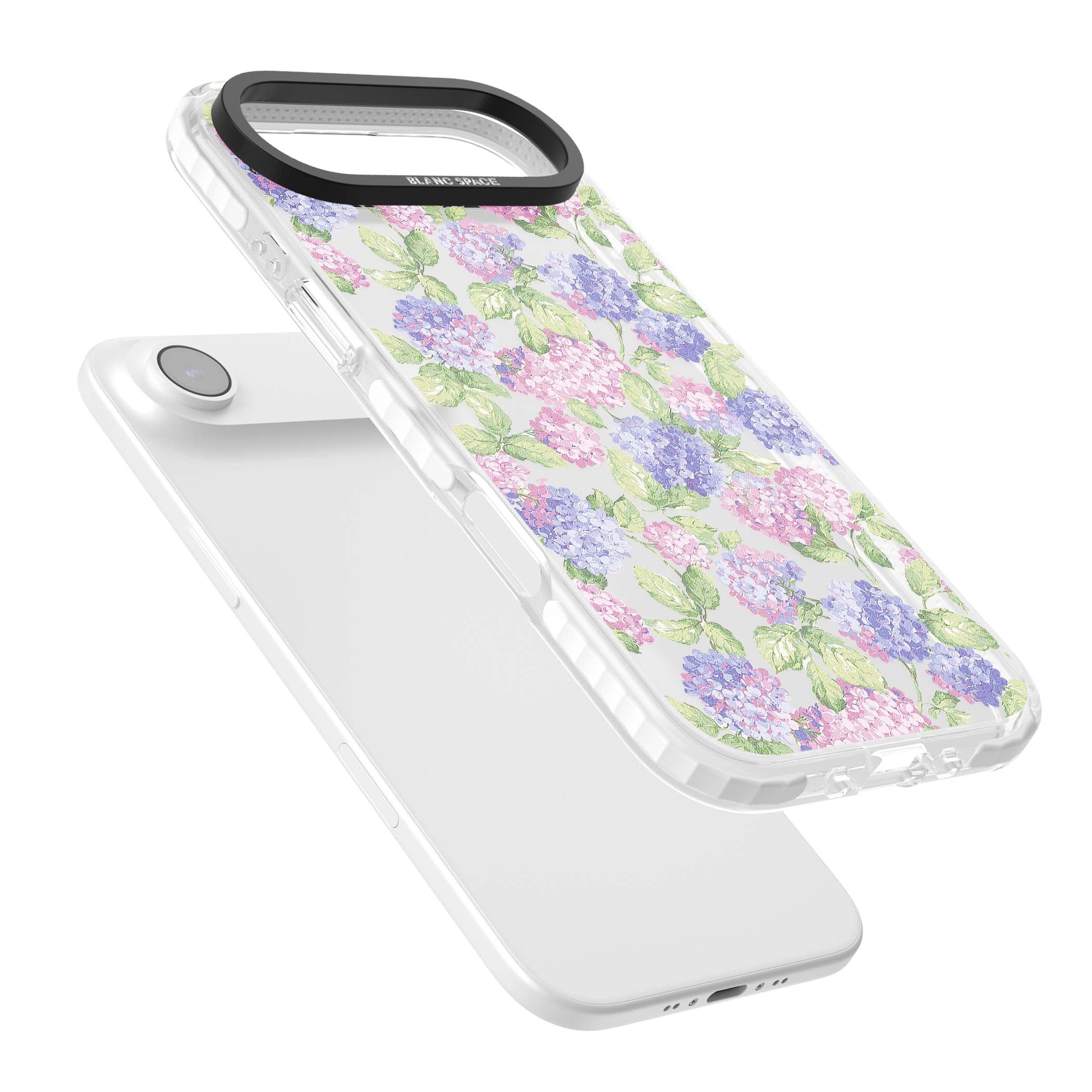 Cottage Hydrangea cottagecore iPhone case featuring pink and purple hydrangea blooms with green leaves on a clear background | Black Impact case for iPhone Air