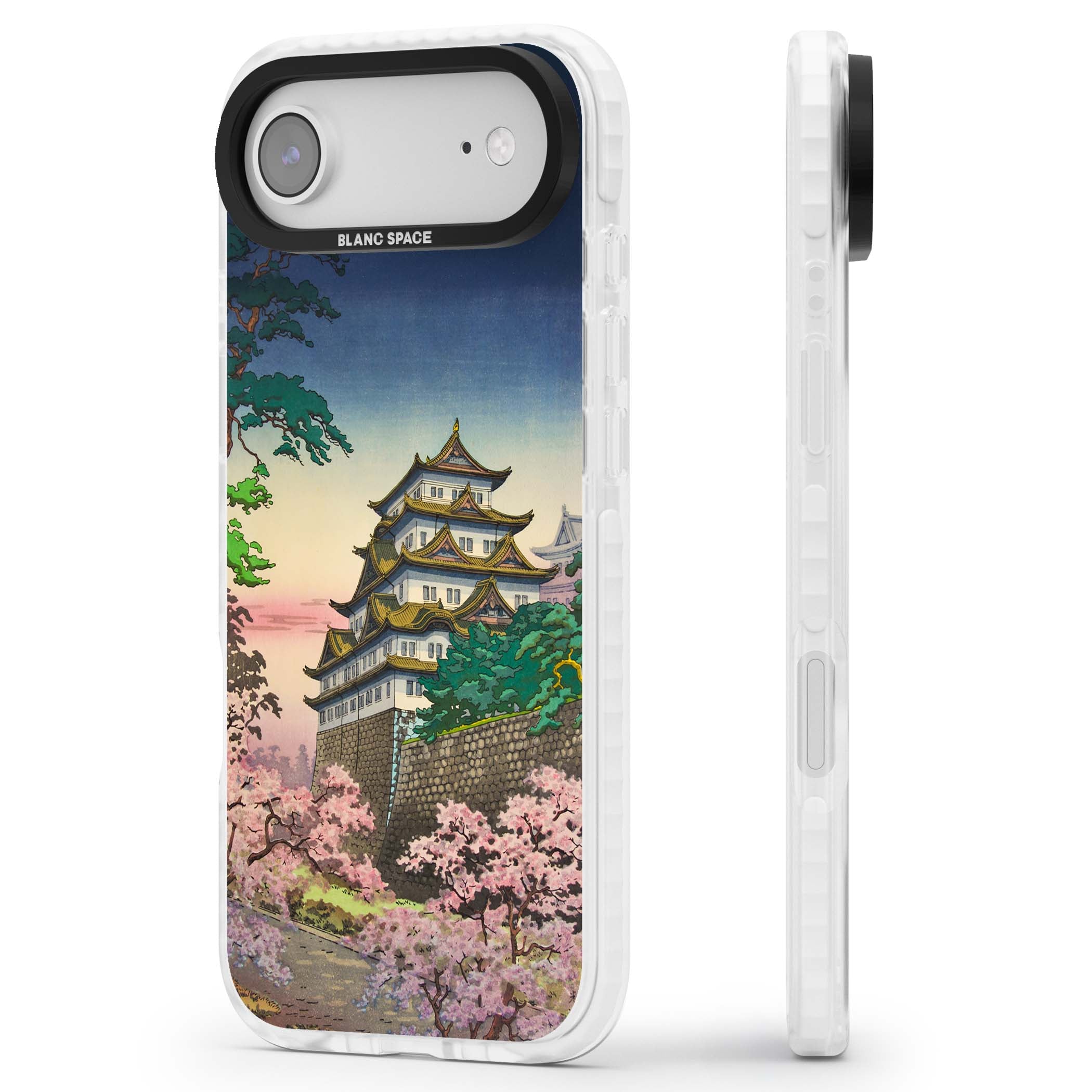Nagoya Castle Japanese iPhone case featuring a vintage pagoda, twilight sky and cherry blossom trees | Black Impact case for iPhone Air