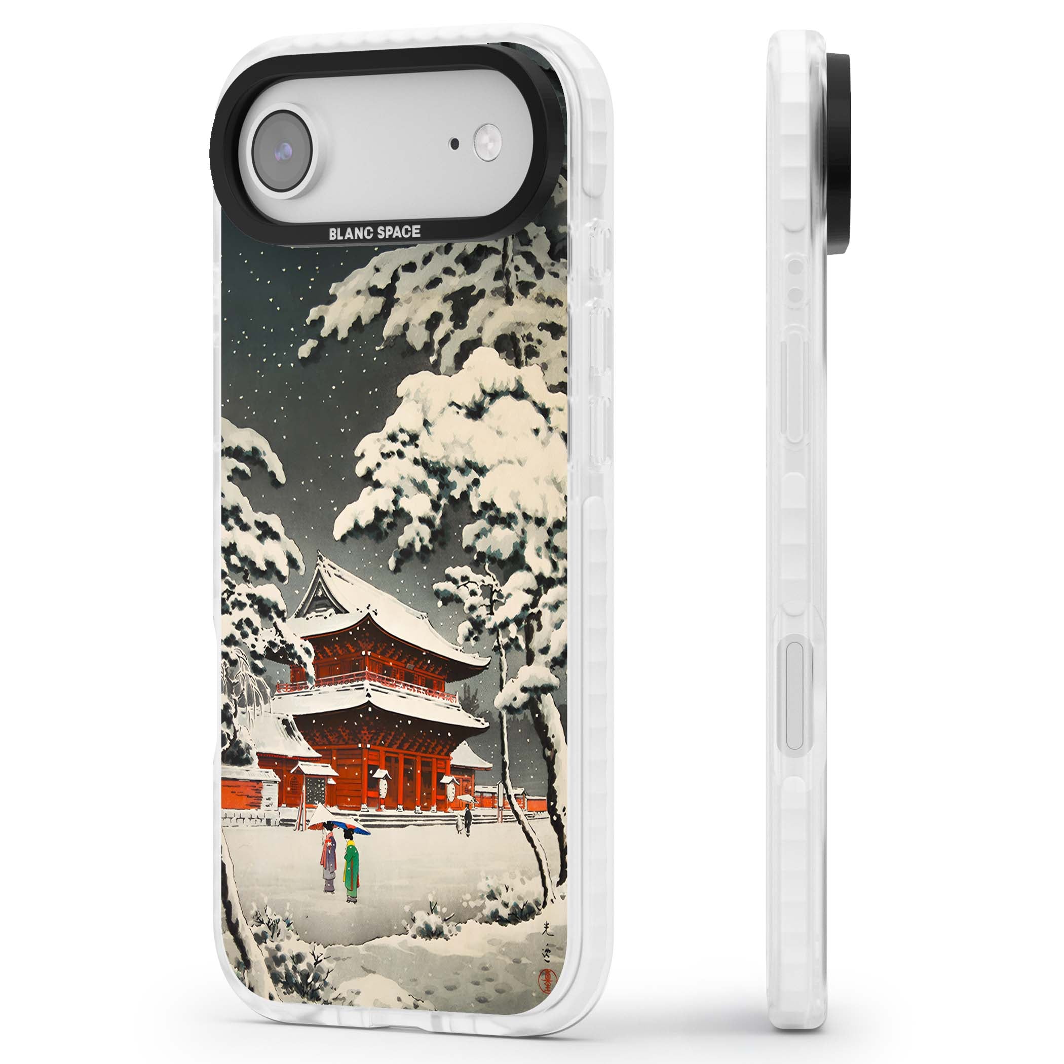 Snow at Shiha Park, Tokyo Japanese art iPhone case featuring a vintage ukiyo-e snowy temple, red pagoda, and snow-covered pin | Black Impact case for iPhone Air