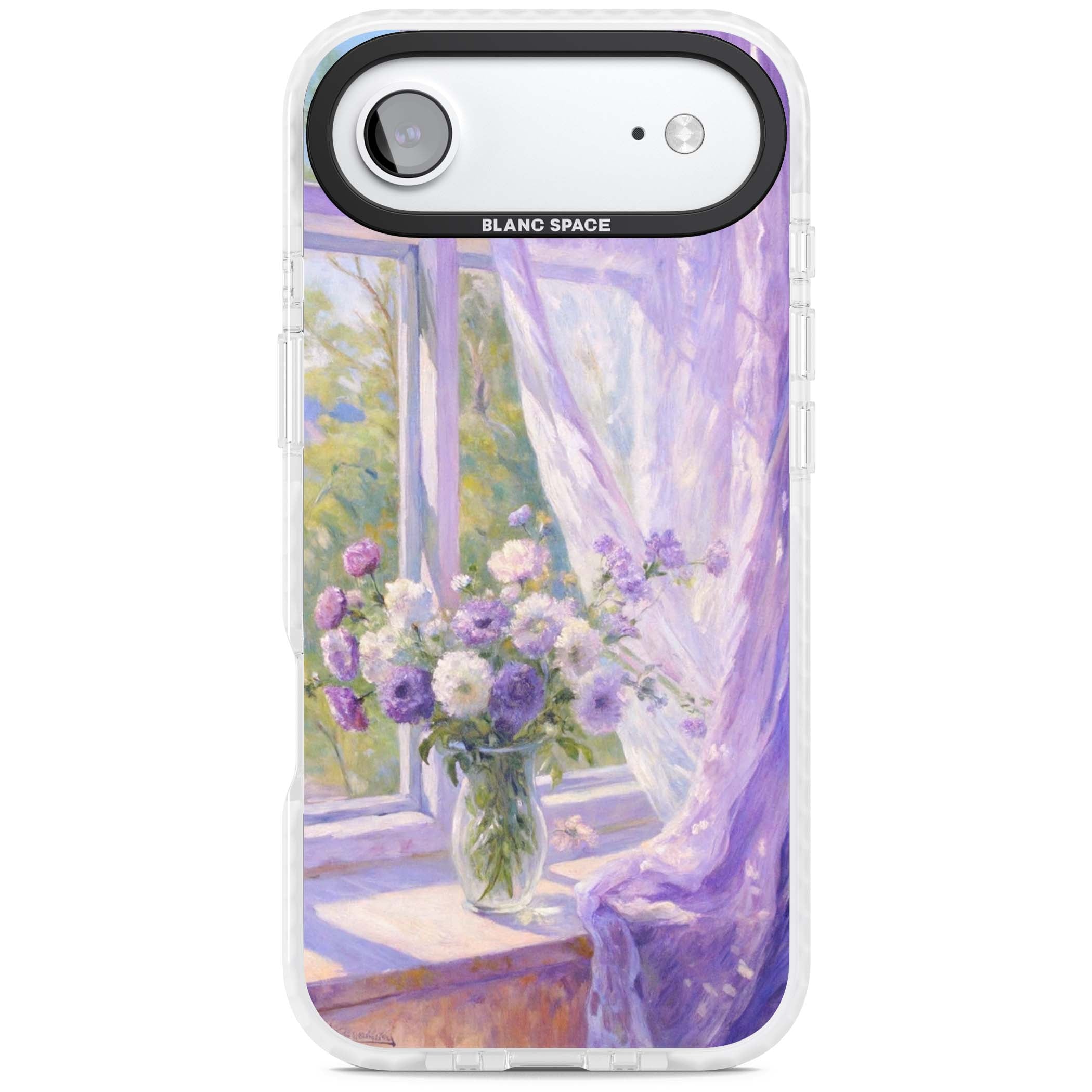 A Provence Morning impressionist art iPhone case featuring a vase of purple flowers, sunlit window and sheer curt | Black Impact case for iPhone Air