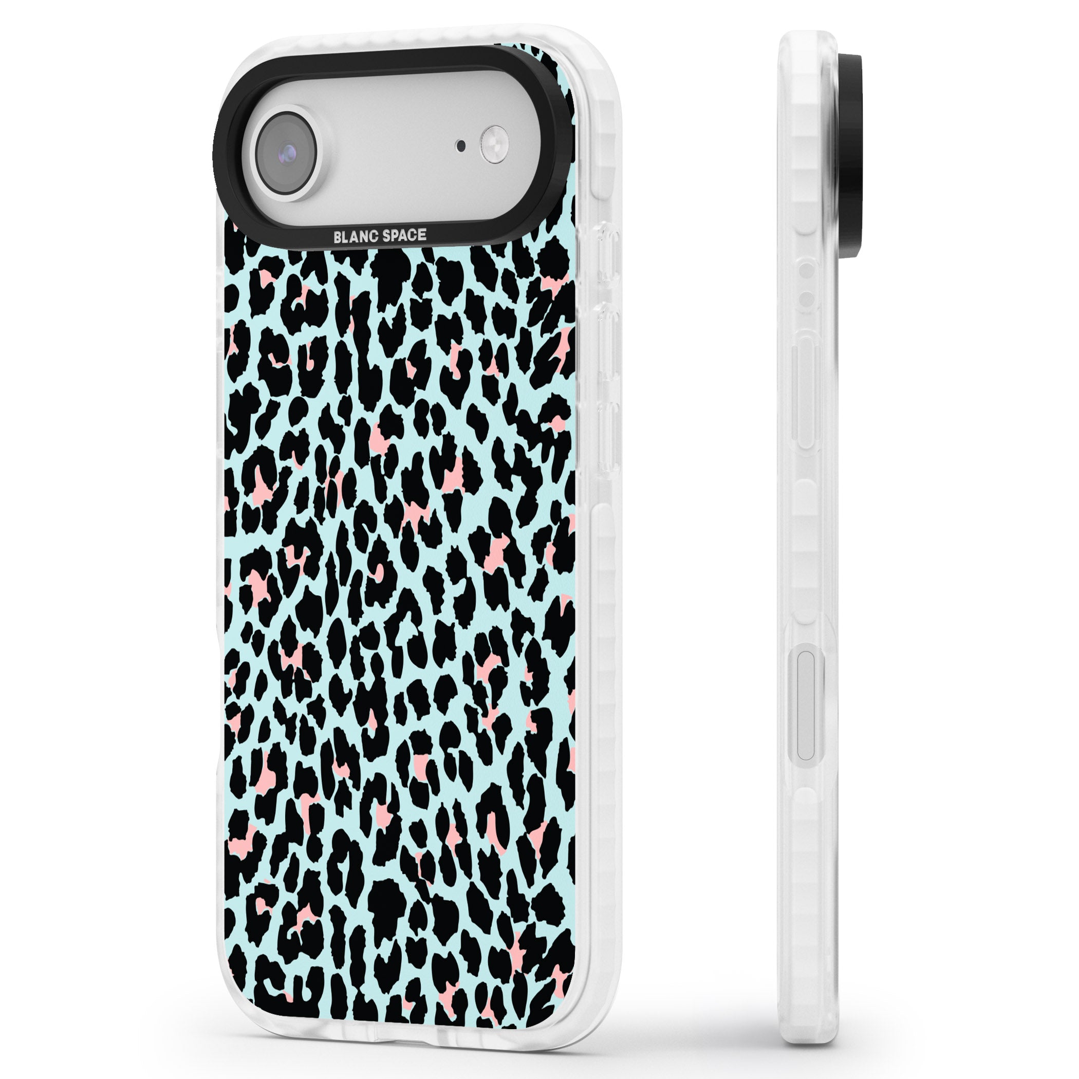 Pastel Blue & Pink Leopard Print iPhone 17 Air Impact Pro Clear Phone Case Side Profile