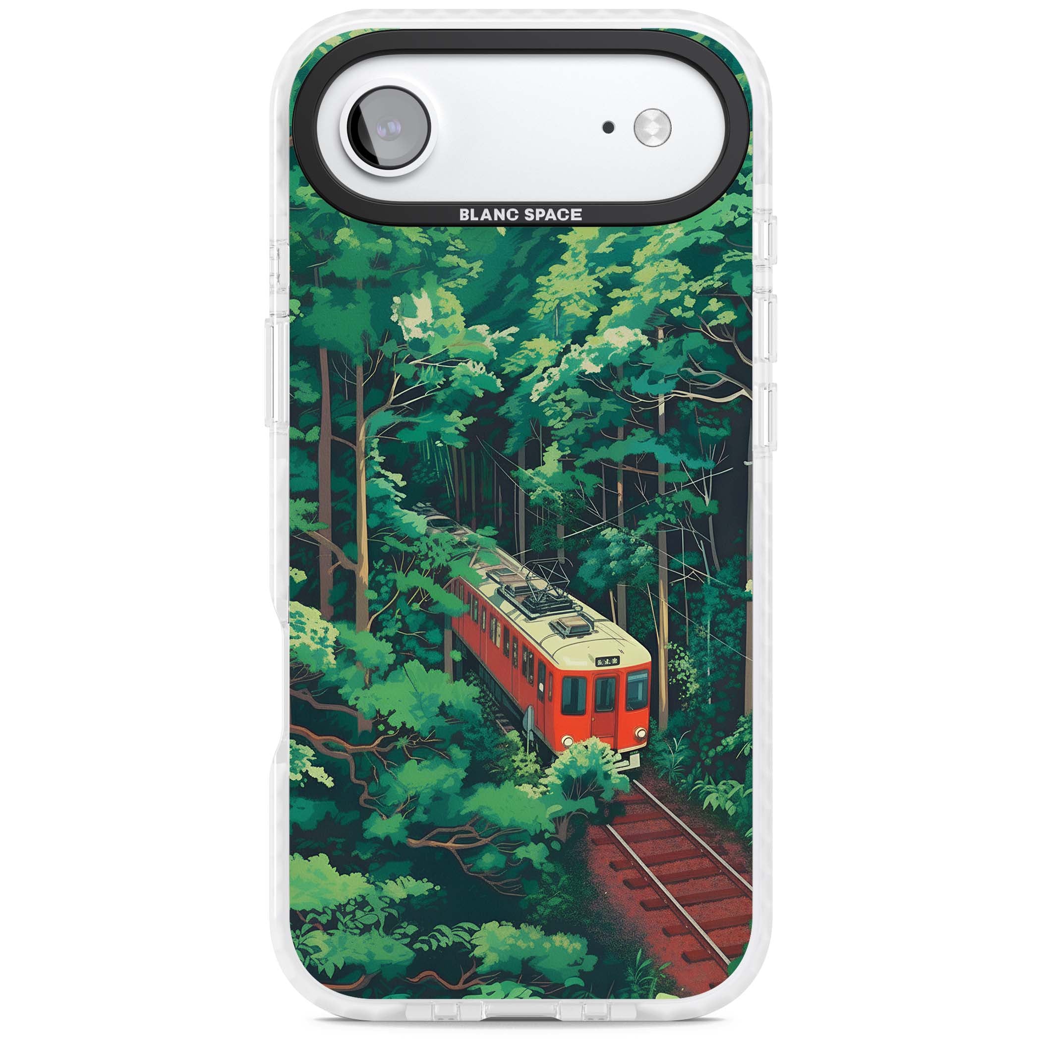Railway In Toyama Japanese iPhone case featuring a red train, cedar forest and winding mountain railway tracks | Impact Magsafe case for iPhone Air