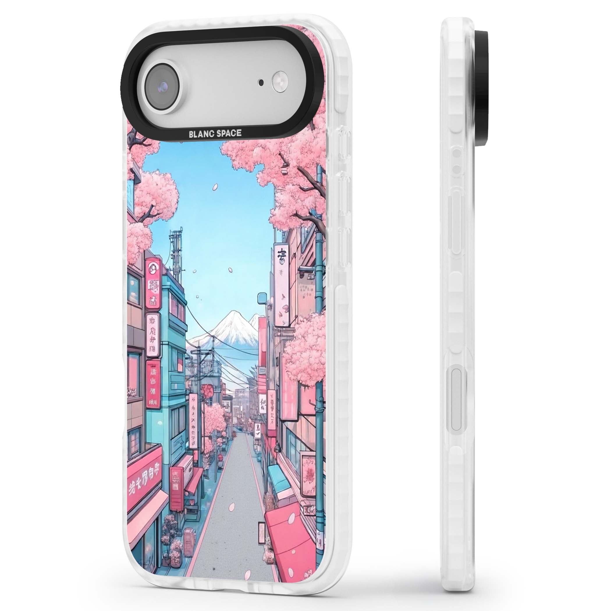 Sakura Lane anime iPhone case featuring Tokyo street scene with cherry blossoms and Mount Fuji | Impact Magsafe case for iPhone Air