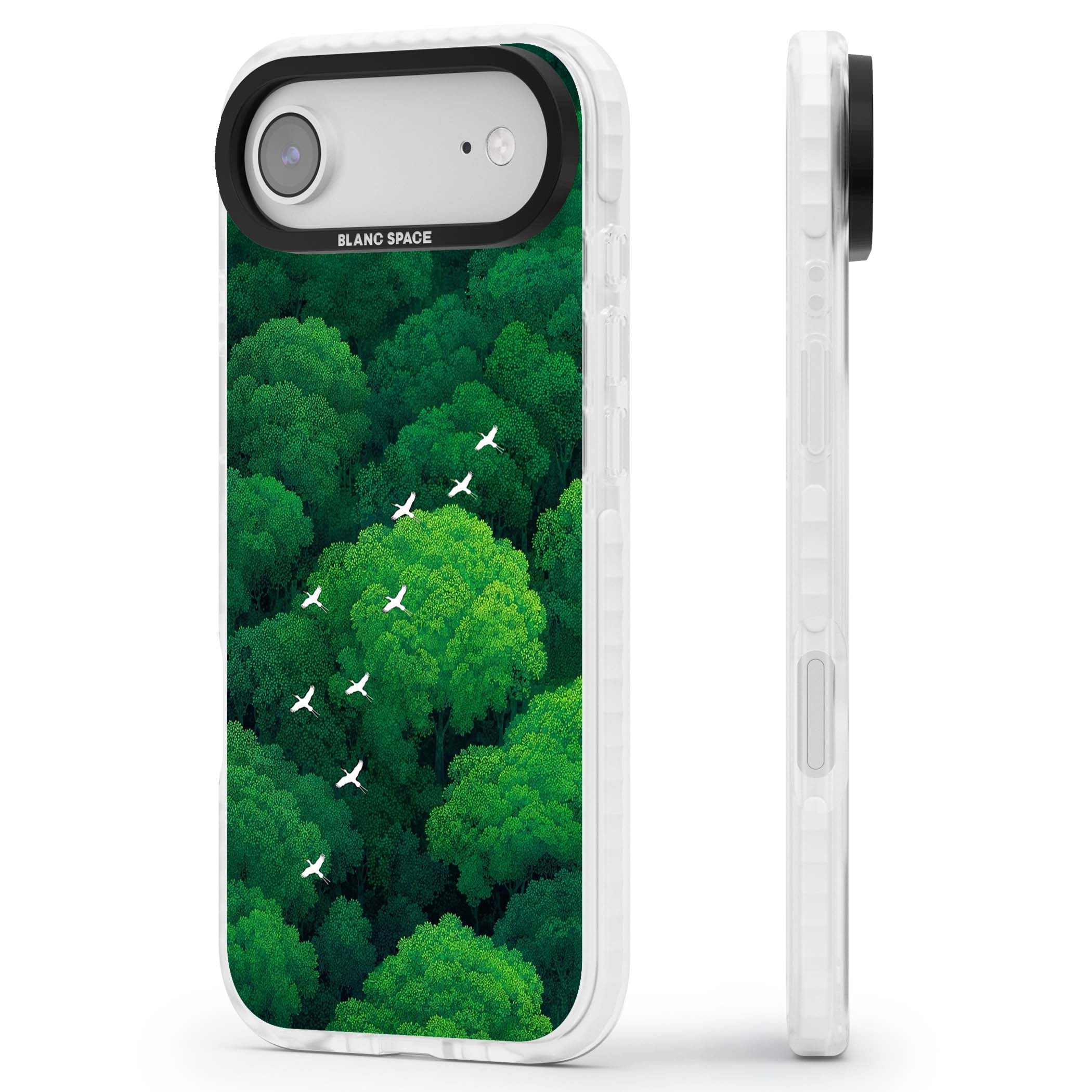 Grove Migration forest iPhone case featuring white cranes flying over lush green treetop canopy | Impact Magsafe case for iPhone Air