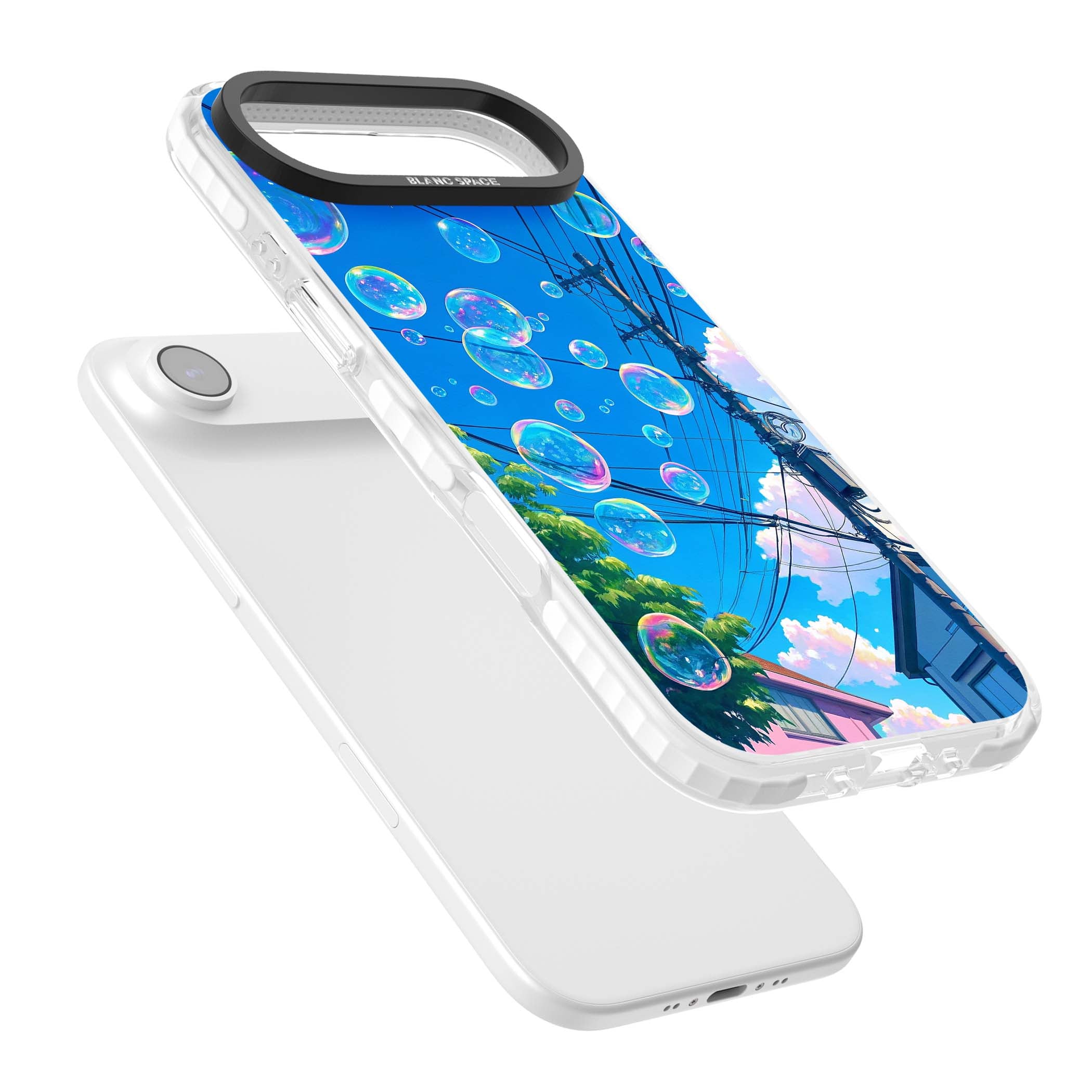Suburban Bubbles anime iPhone case featuring iridescent soap bubbles, blue sky and Japanese telephone wires | Impact Magsafe case for iPhone Air