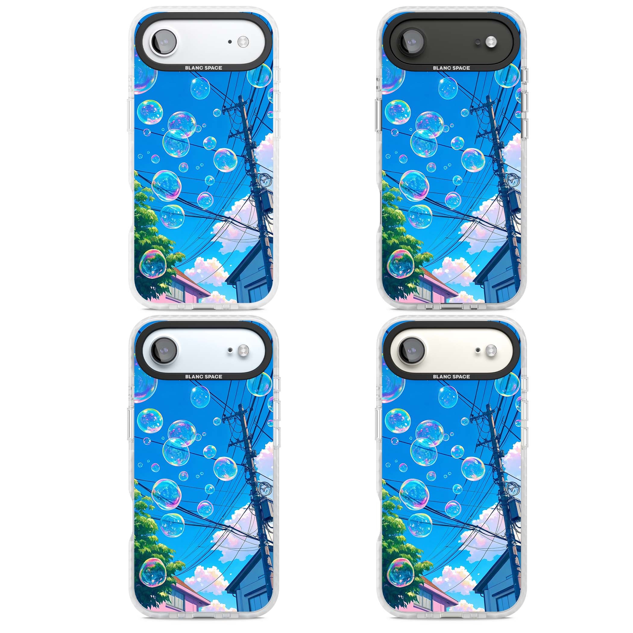Suburban Bubbles anime iPhone case featuring iridescent soap bubbles, blue sky and Japanese telephone wires | Impact Magsafe case for iPhone Air