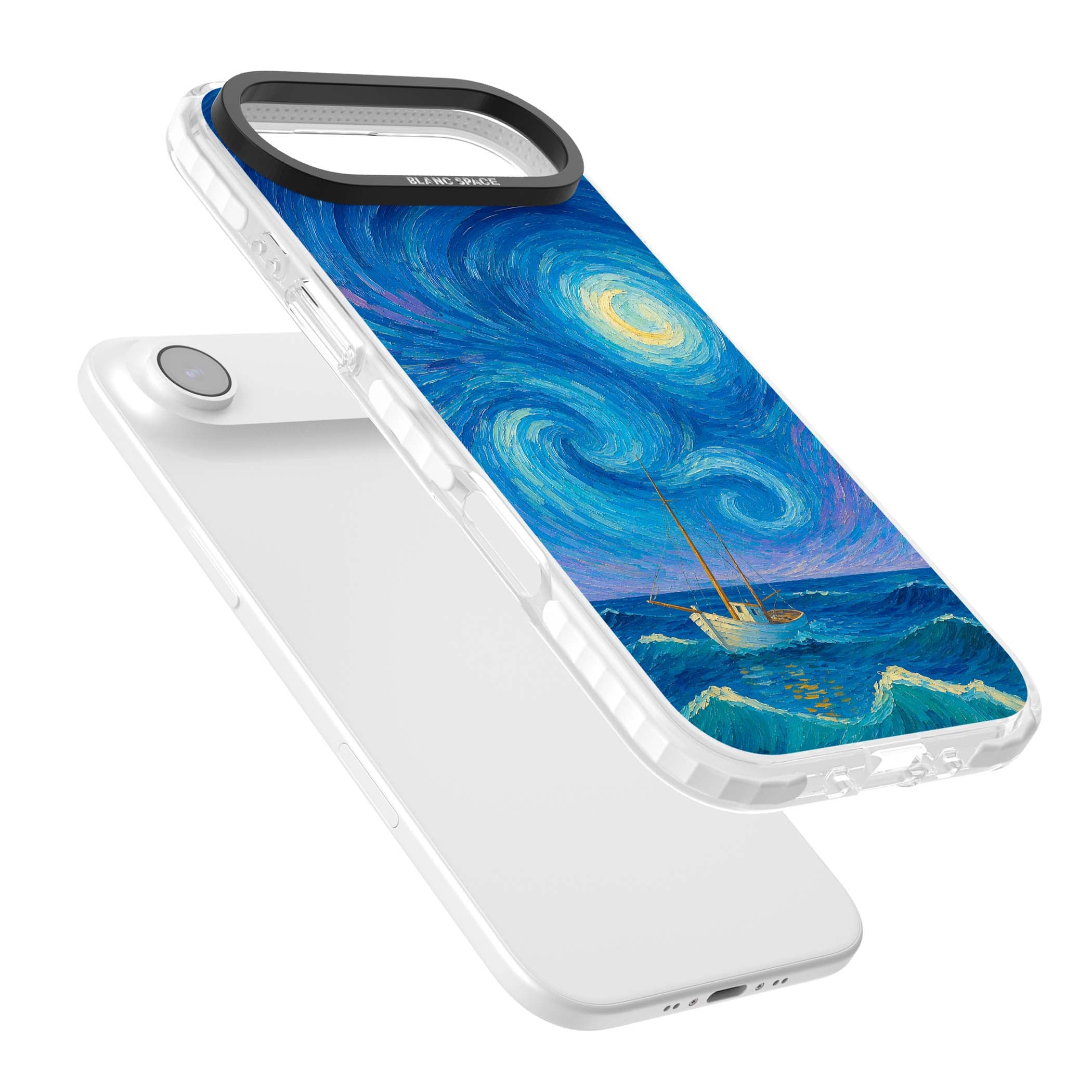 Moonlit Tide Van Gogh art iPhone case featuring swirling starry night sky, glowing moon and lone sailing boat at sea | Impact Magsafe case for iPhone Air
