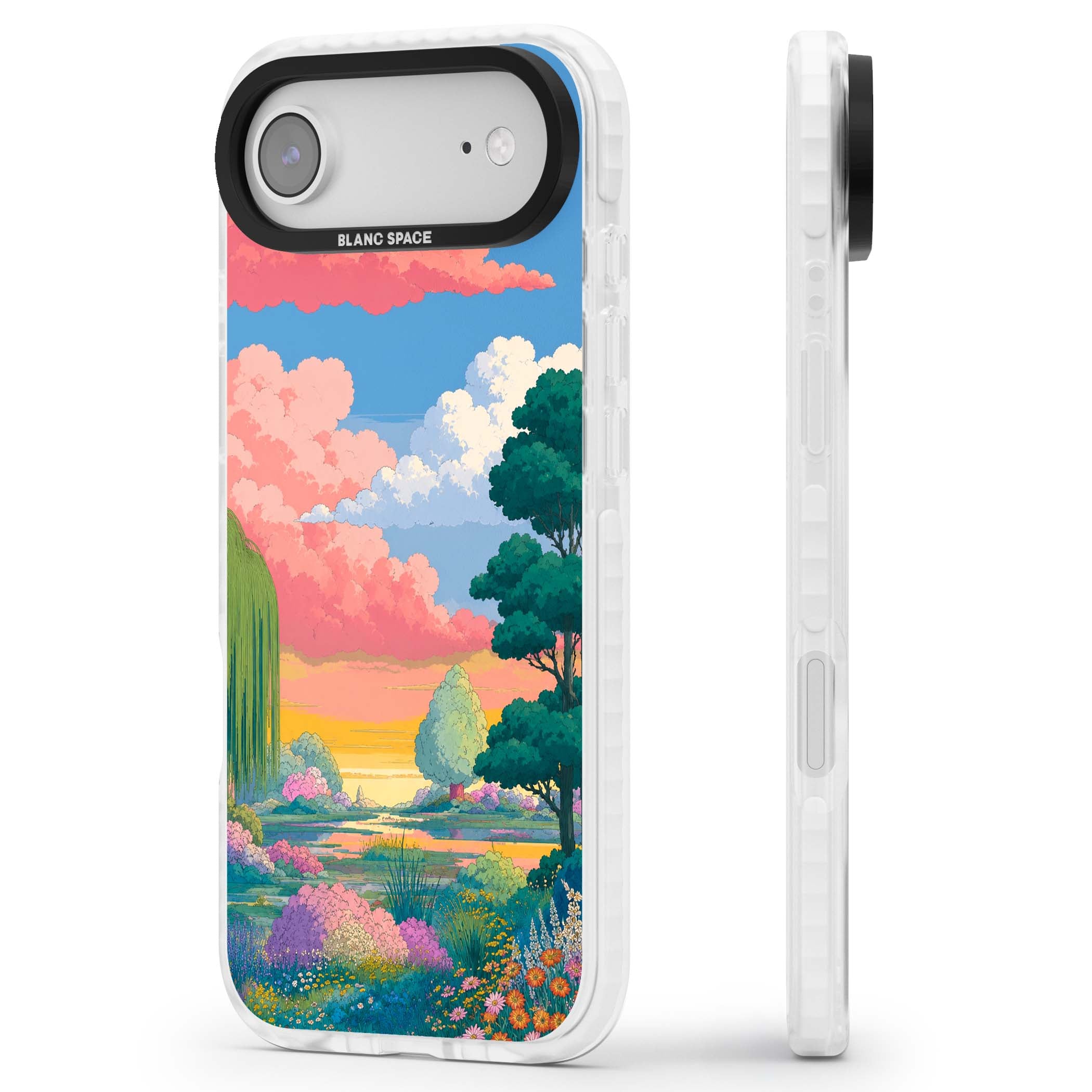 Dream Valley anime landscape iPhone case featuring pink sunset clouds, willow trees and wildflowers | Impact Magsafe case for iPhone Air