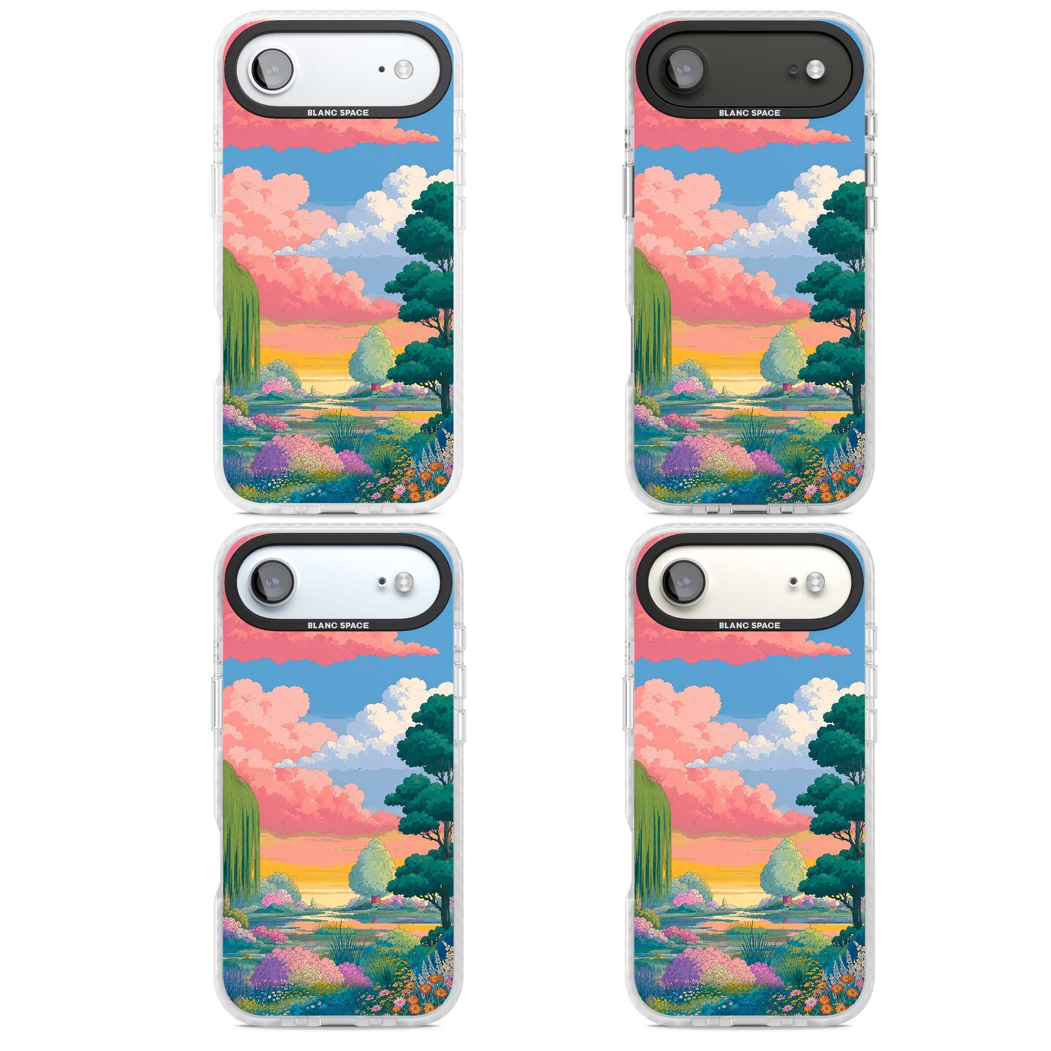 Dream Valley anime landscape iPhone case featuring pink sunset clouds, willow trees and wildflowers | Impact Magsafe case for iPhone Air