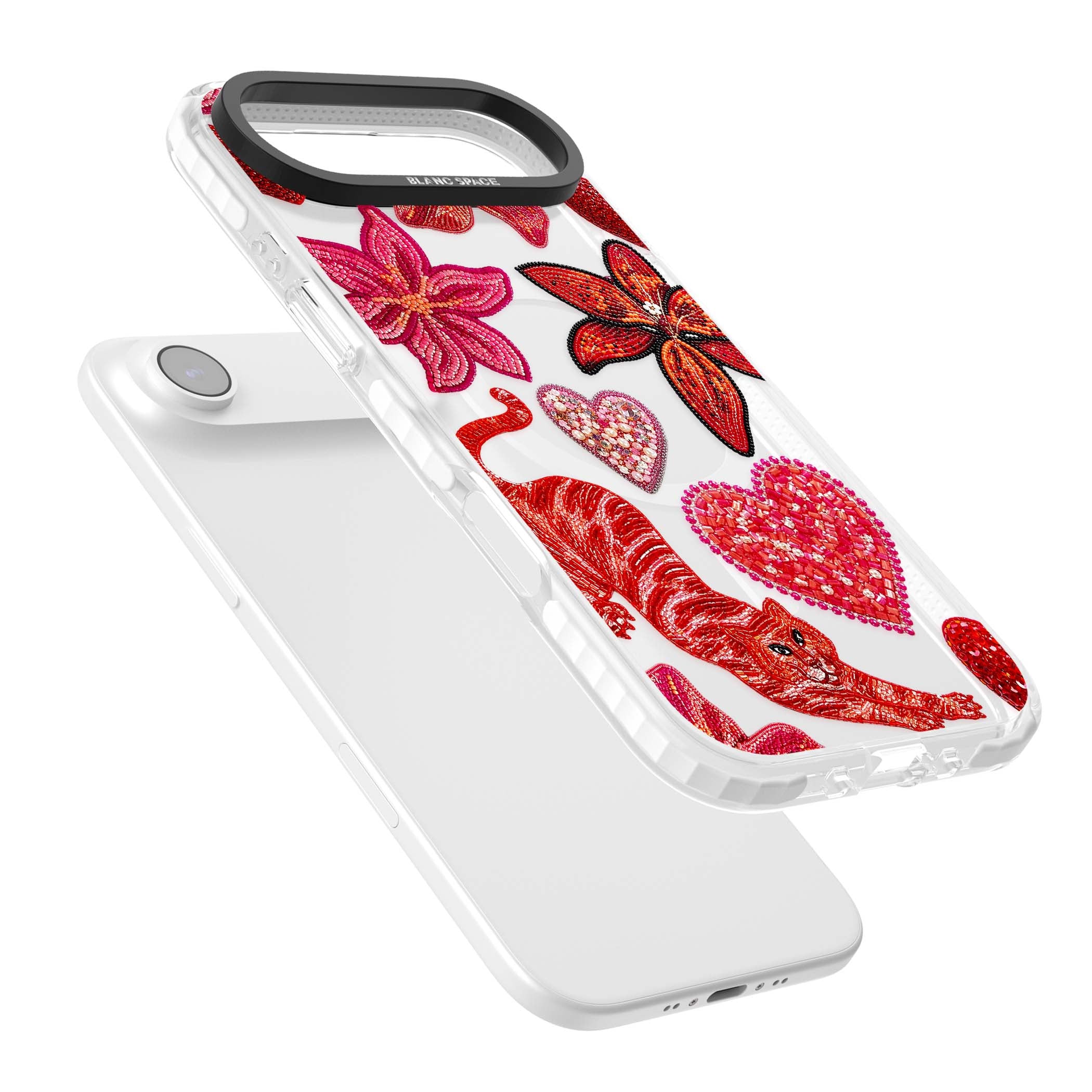 Beaded Boho floral iPhone case featuring beaded red lilies, a stitched tiger, and pearl-encrusted hearts on clear | Impact Magsafe case for iPhone Air