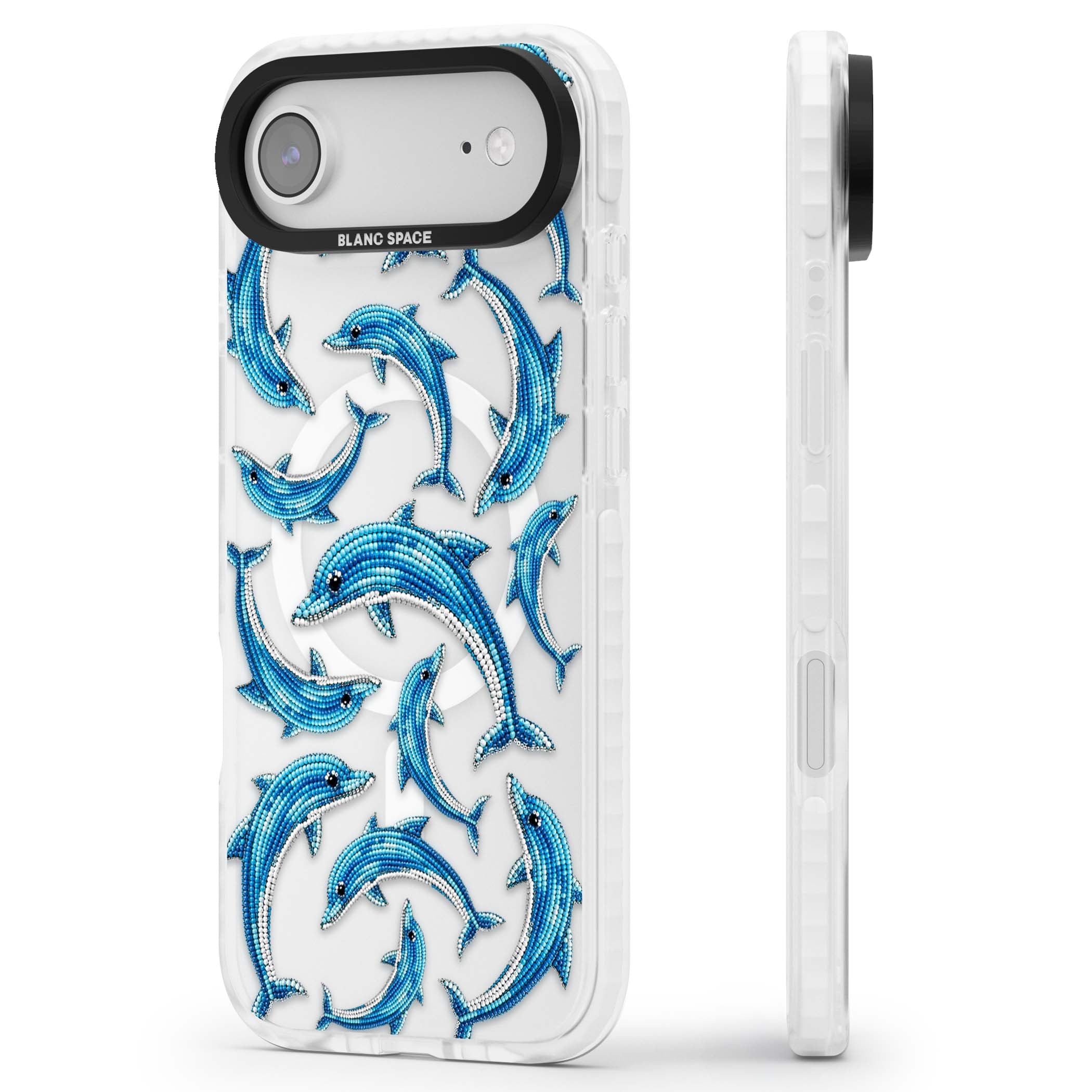 Beaded Dolphins coastal iPhone case featuring beaded dolphins in blue and white swimming across a clear background | Impact Magsafe case for iPhone Air