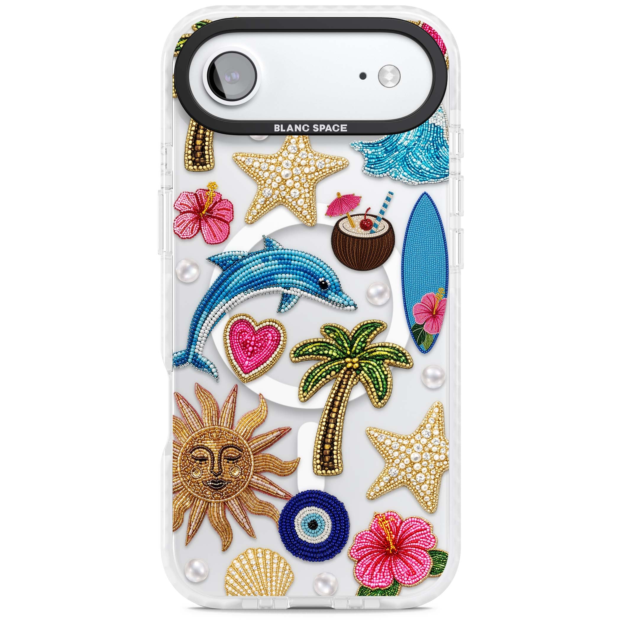 Beaded Beach coastal summer iPhone case featuring embroidered evil eye, hibiscus flowers, dolphin and palm tree patches | Impact Magsafe case for iPhone Air