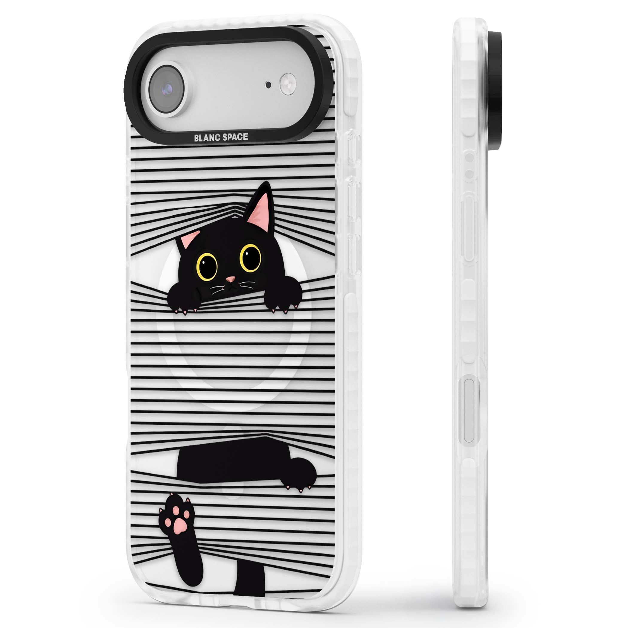 Peek-a-Boo Cat minimal iPhone case featuring black cat peeking through horizontal black and white stripes | Impact Magsafe case for iPhone Air