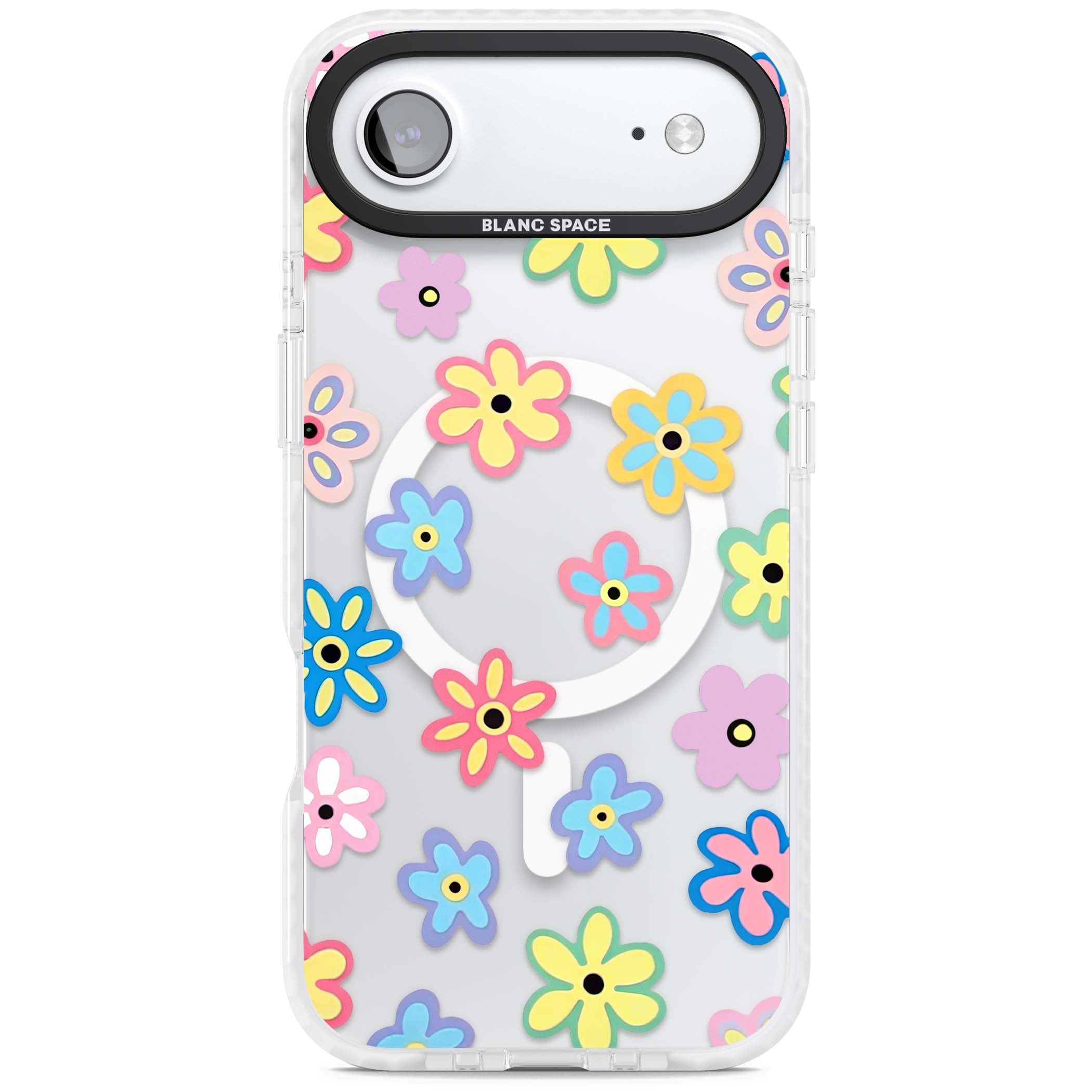 Bloom Pop cottagecore iPhone case featuring multicolor pastel flowers with black centers on clear background | Impact Magsafe case for iPhone Air