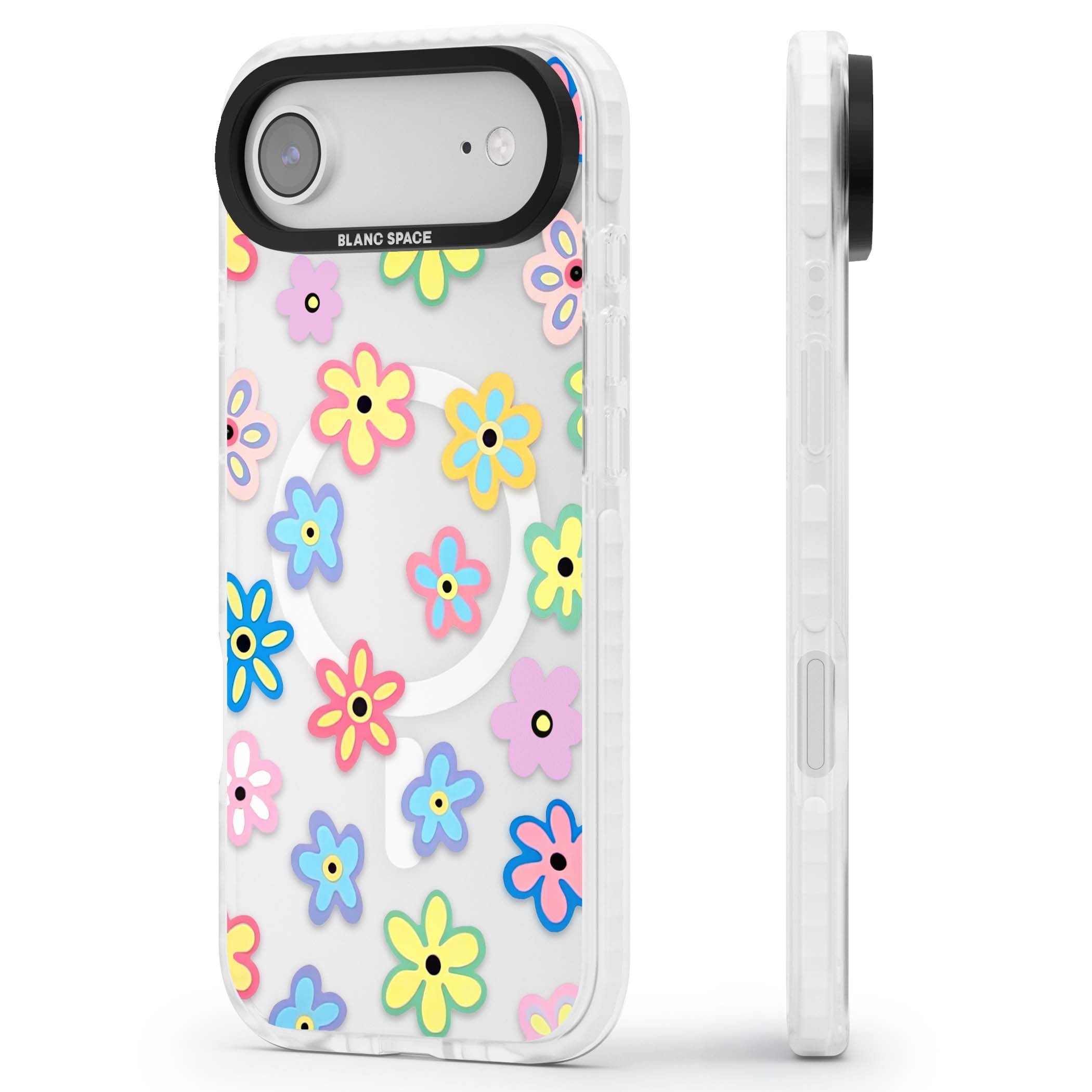 Bloom Pop cottagecore iPhone case featuring multicolor pastel flowers with black centers on clear background | Impact Magsafe case for iPhone Air