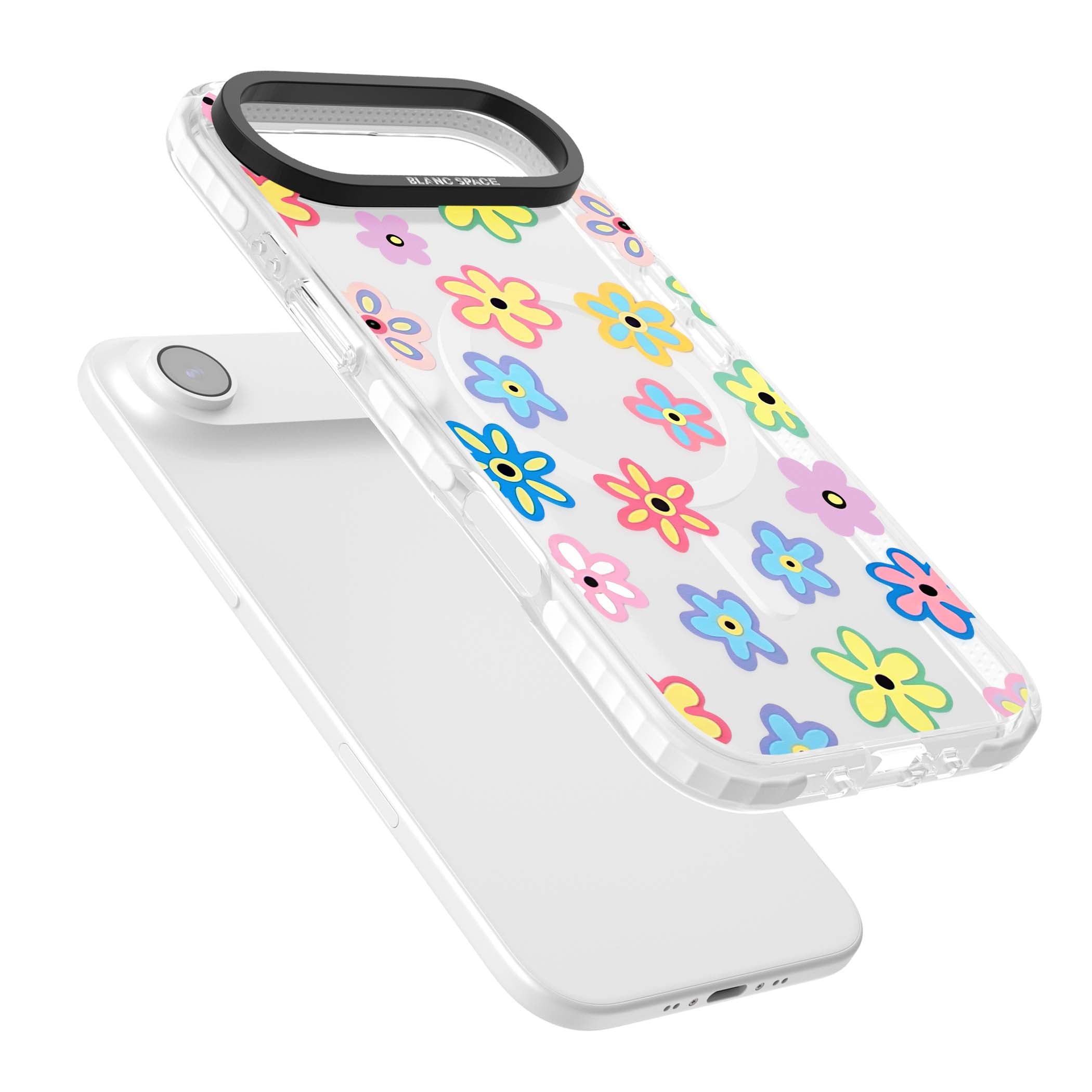 Bloom Pop cottagecore iPhone case featuring multicolor pastel flowers with black centers on clear background | Impact Magsafe case for iPhone Air