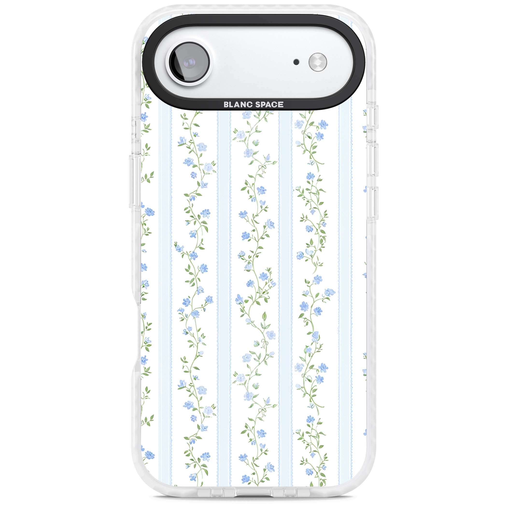 Bluebell Vine cottagecore iPhone case featuring climbing blue roses, trailing green vines, and pale ticking stripes | Impact Magsafe case for iPhone Air
