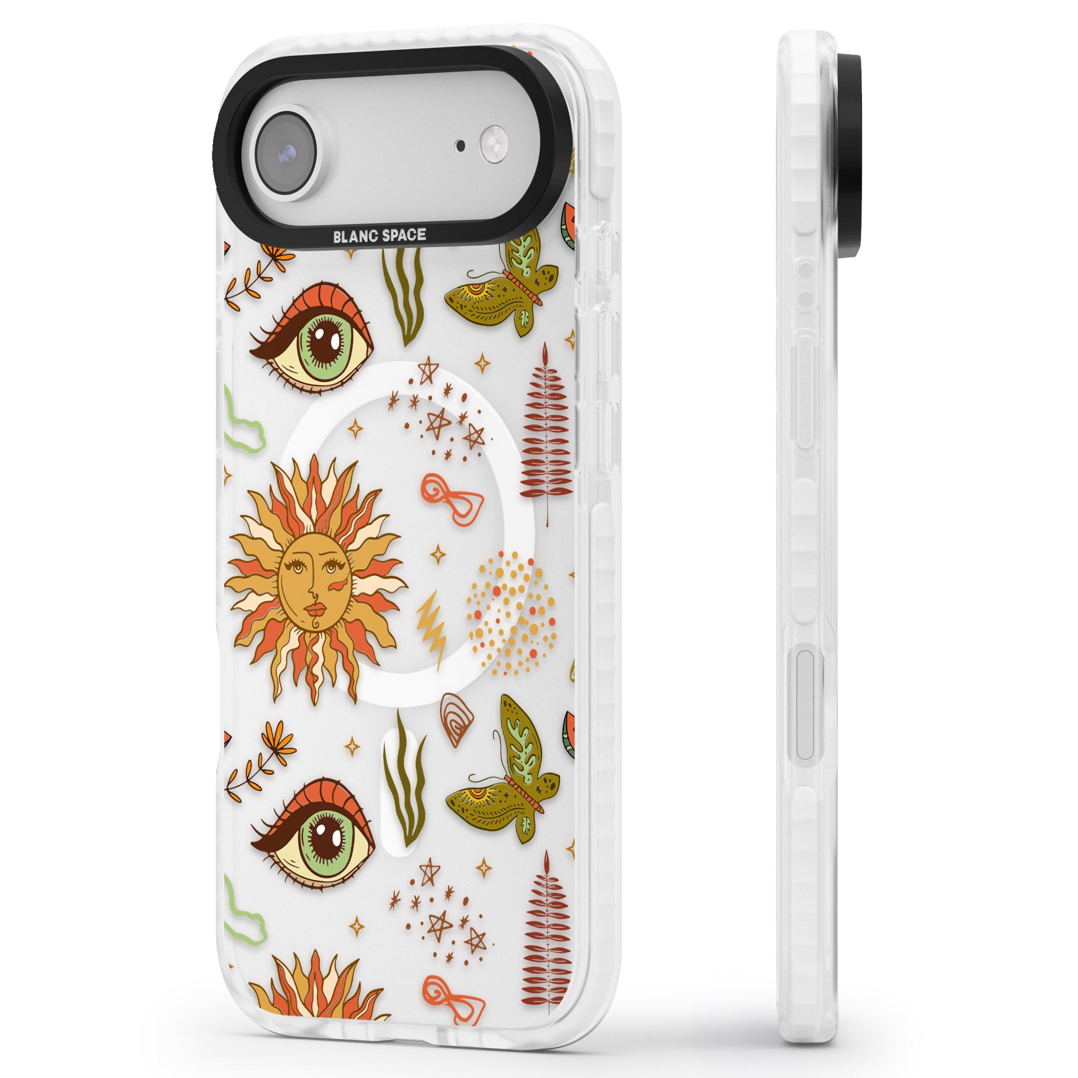 Boho Celestial Sun & Eye Pattern iPhone 17 Air Impact Pro Clear Phone Case Side Profile