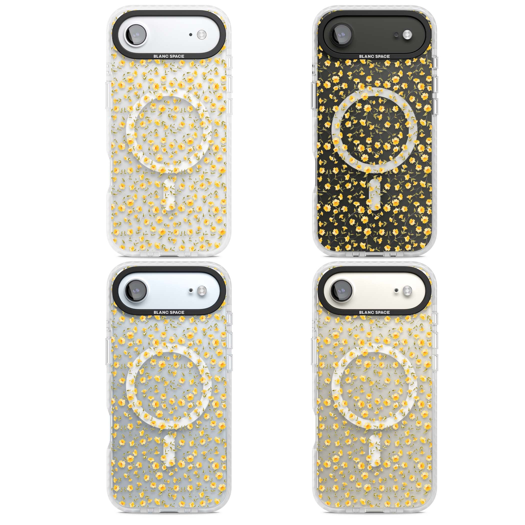 Buttercup wildflower iPhone case featuring tiny yellow flowers and trailing green vines on clear | Impact Magsafe case for iPhone Air