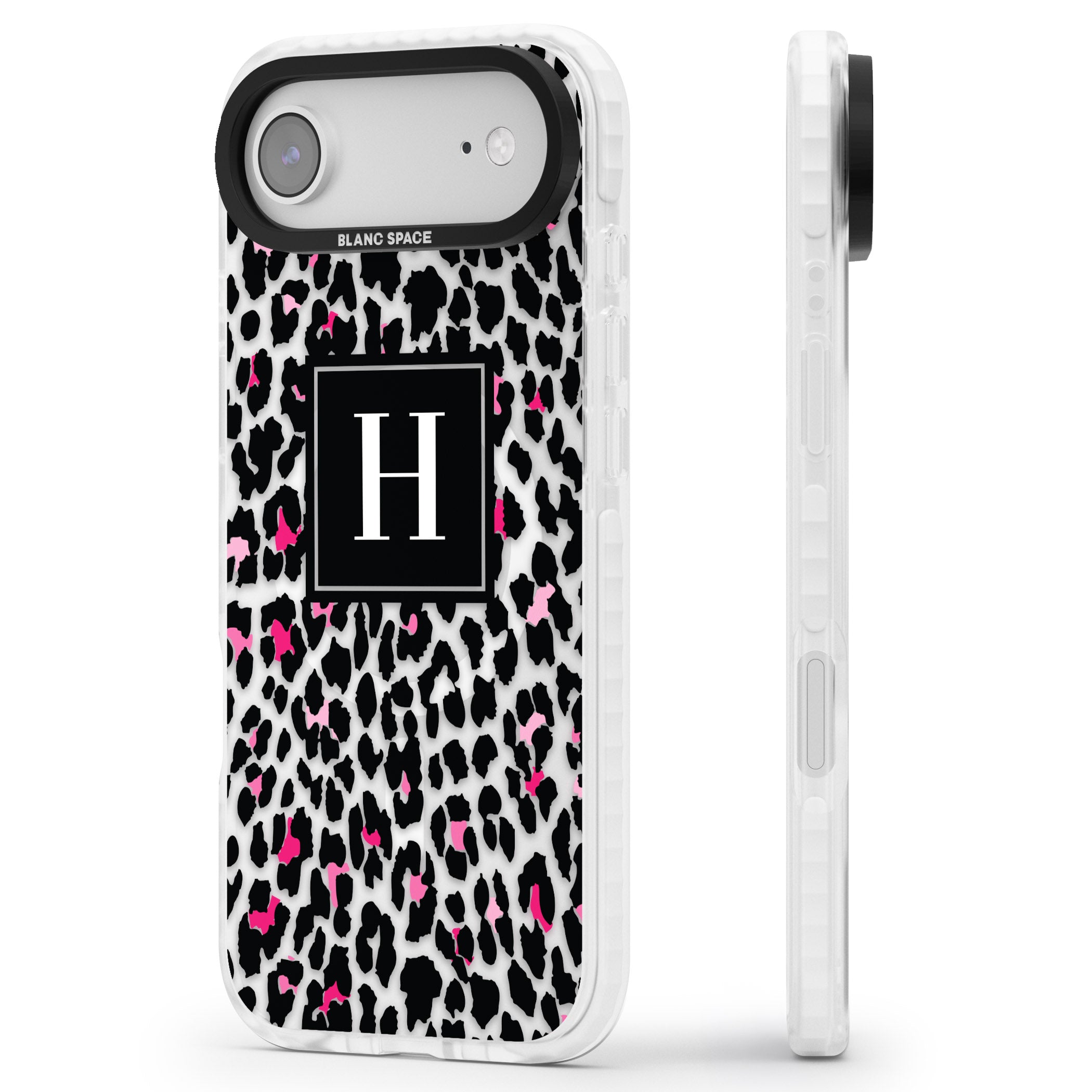 Personalised Clear Pink Leopard Monogram iPhone 17 Air Impact Pro Clear Phone Case Side Profile