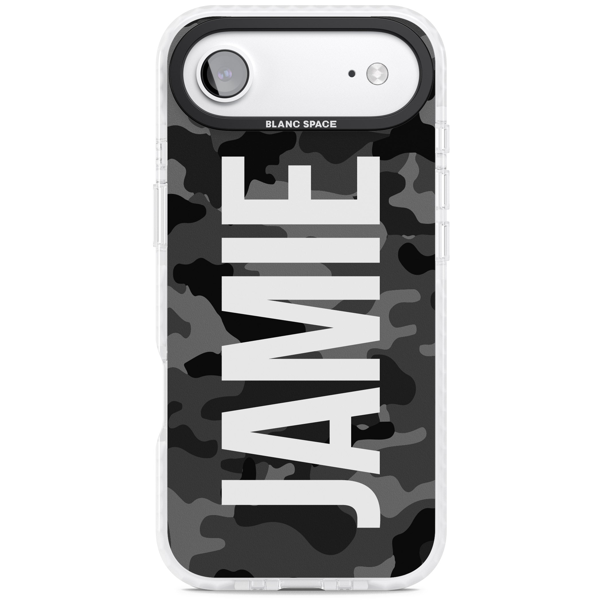 Personalised Black Camo Name Vertical iPhone 17 Air Impact Pro Clear Phone Case