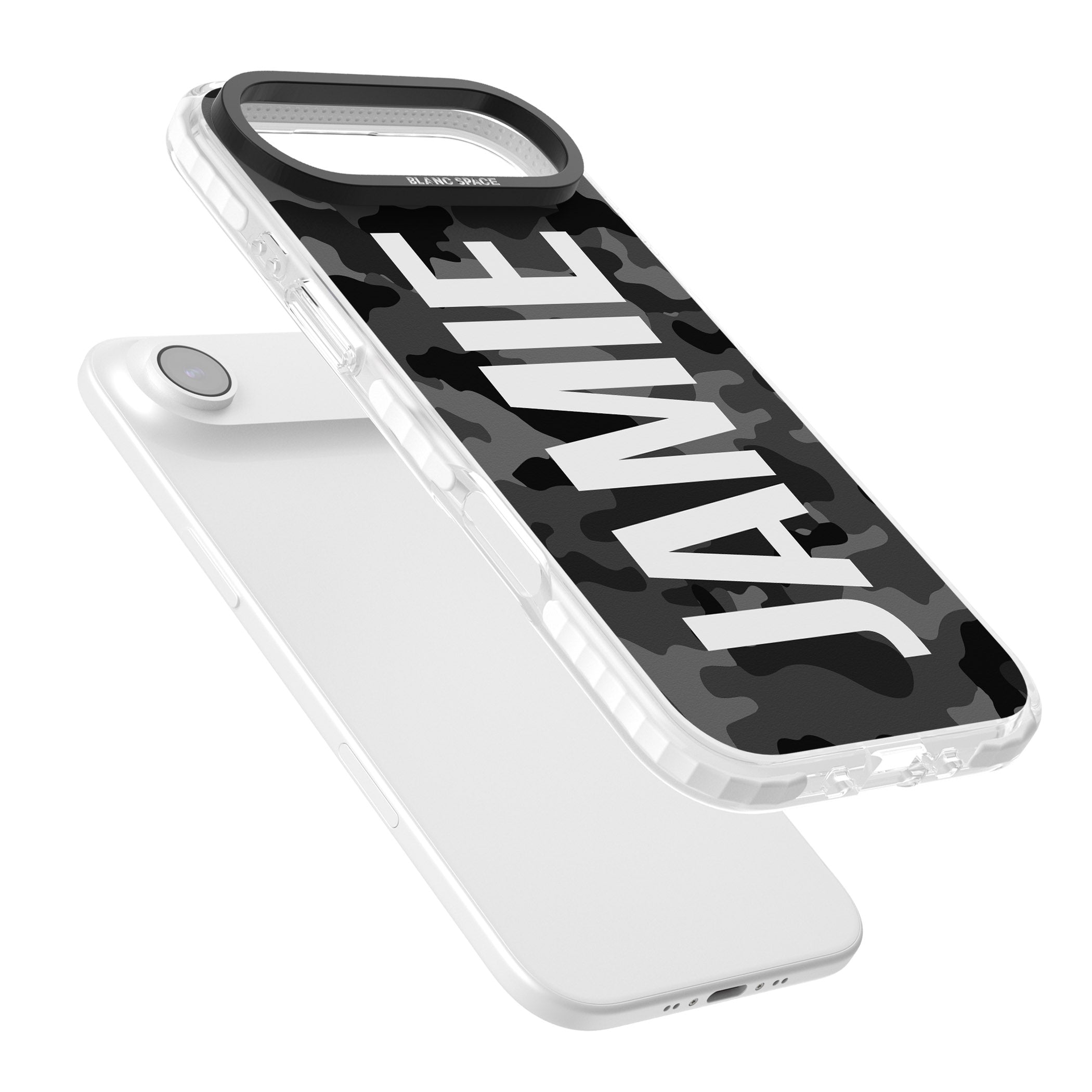 Personalised Black Camo Name Vertical iPhone 17 Air Impact Pro Clear Phone Case Colours