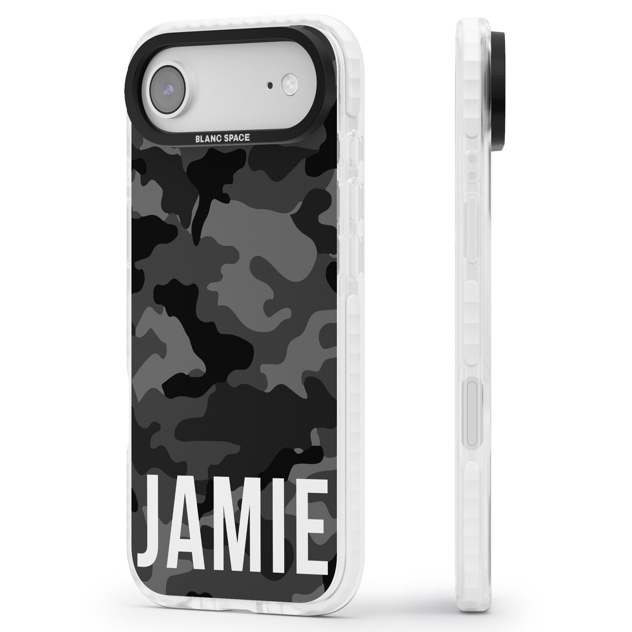 Personalised Black Camo Name Horizontal iPhone 17 Air Impact Pro Clear Phone Case Side Profile