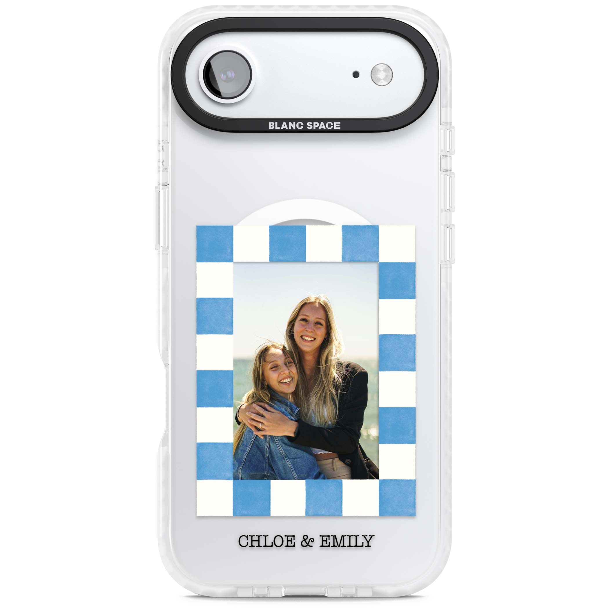 Blue Check Photo personalised photo iPhone case with blue checkered frame and custom couple names | Impact Magsafe case for iPhone Air