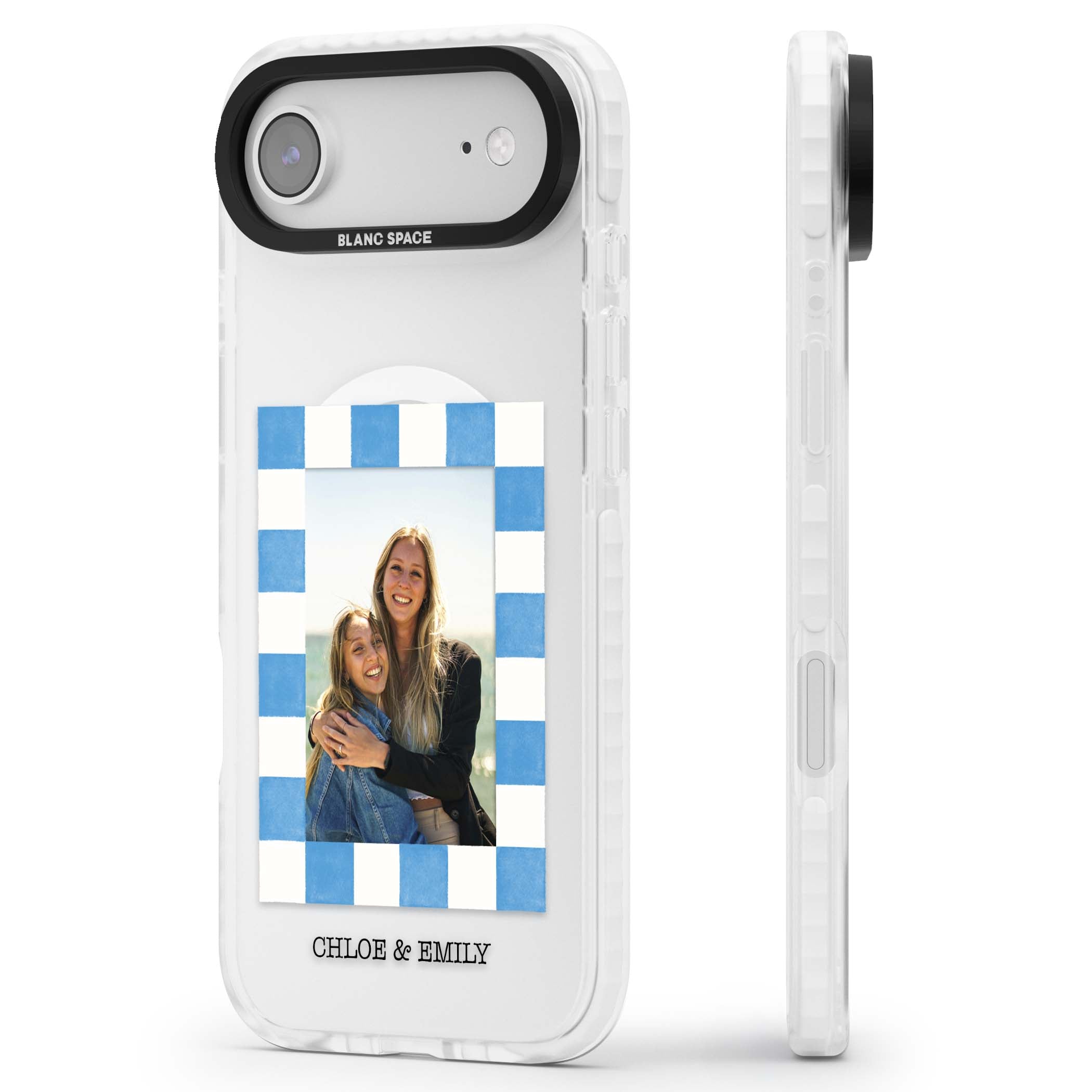 Blue Check Photo personalised photo iPhone case with blue checkered frame and custom couple names | Impact Magsafe case for iPhone Air