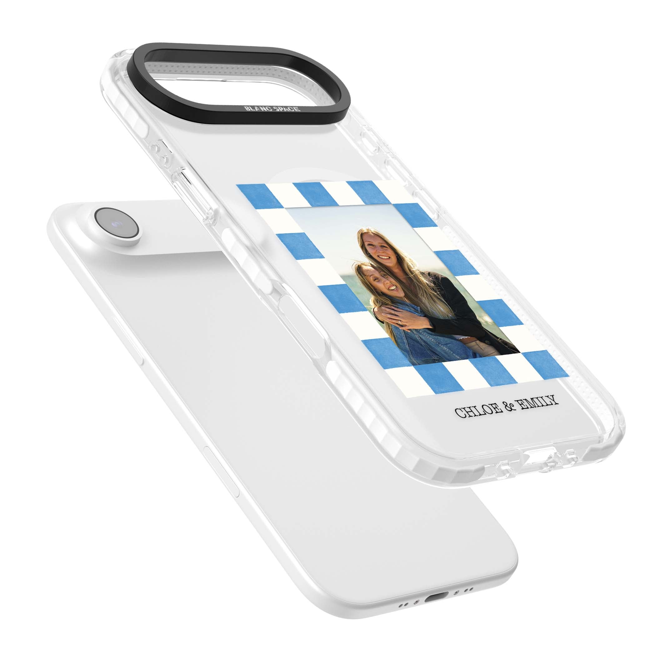 Blue Check Photo personalised photo iPhone case with blue checkered frame and custom couple names | Impact Magsafe case for iPhone Air