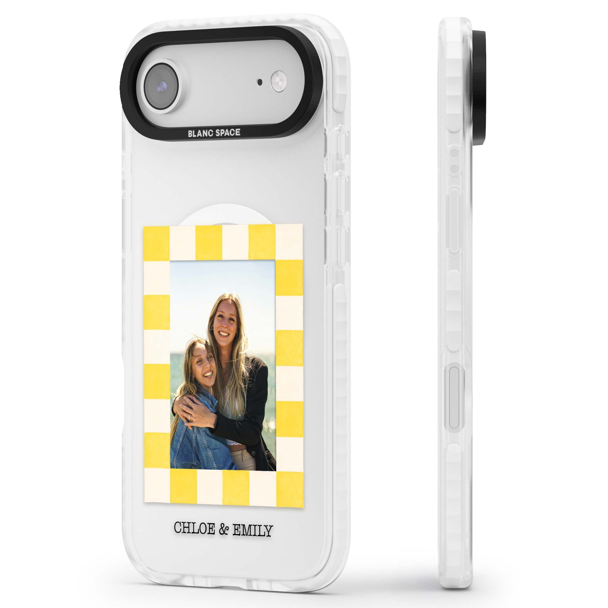 Yellow Check Photo personalised iPhone case with yellow checkered Polaroid frame and custom names beneath | Impact Magsafe case for iPhone Air