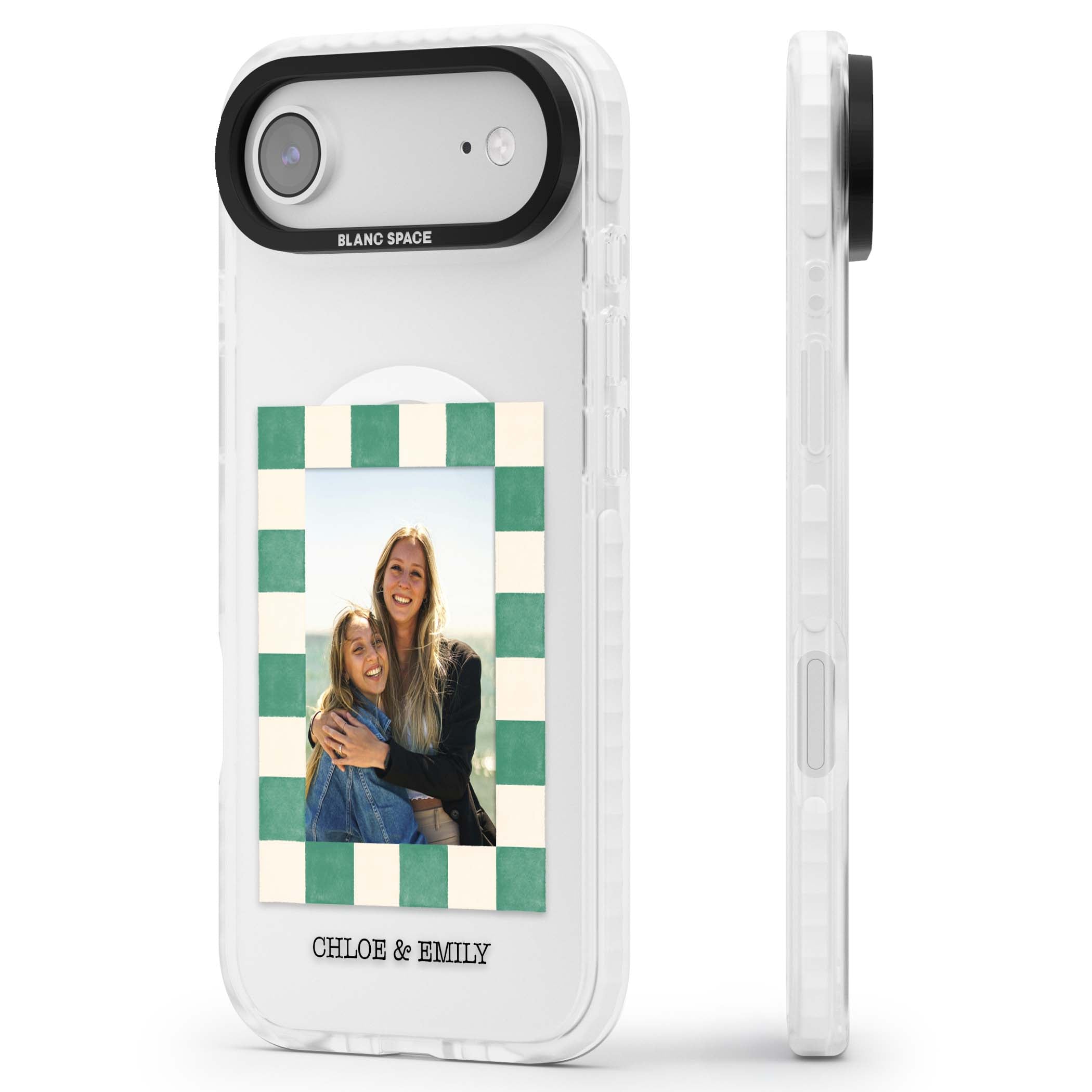 Seafoam Check Photo personalised iPhone case featuring a custom polaroid photo, green and cream checkered frame, and custom n | Impact Magsafe case for iPhone Air