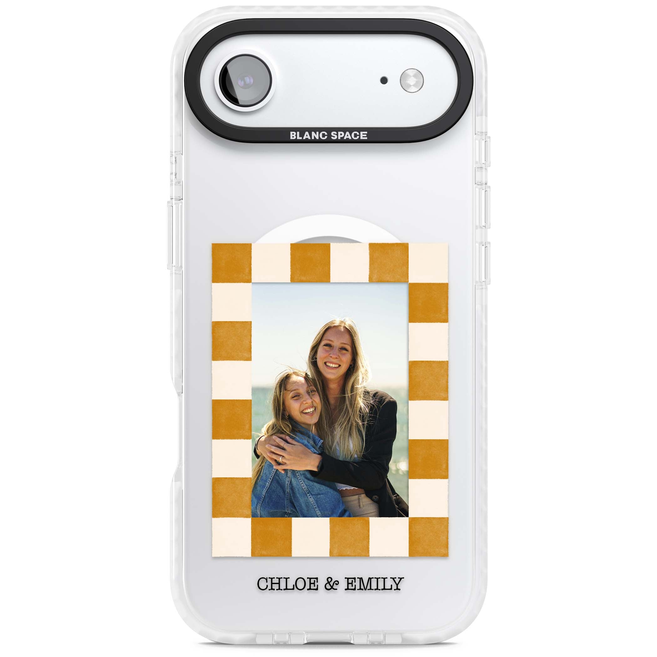 Citrus Check Photo personalised iPhone case with custom photo, orange checkered frame and names underneath | Impact Magsafe case for iPhone Air