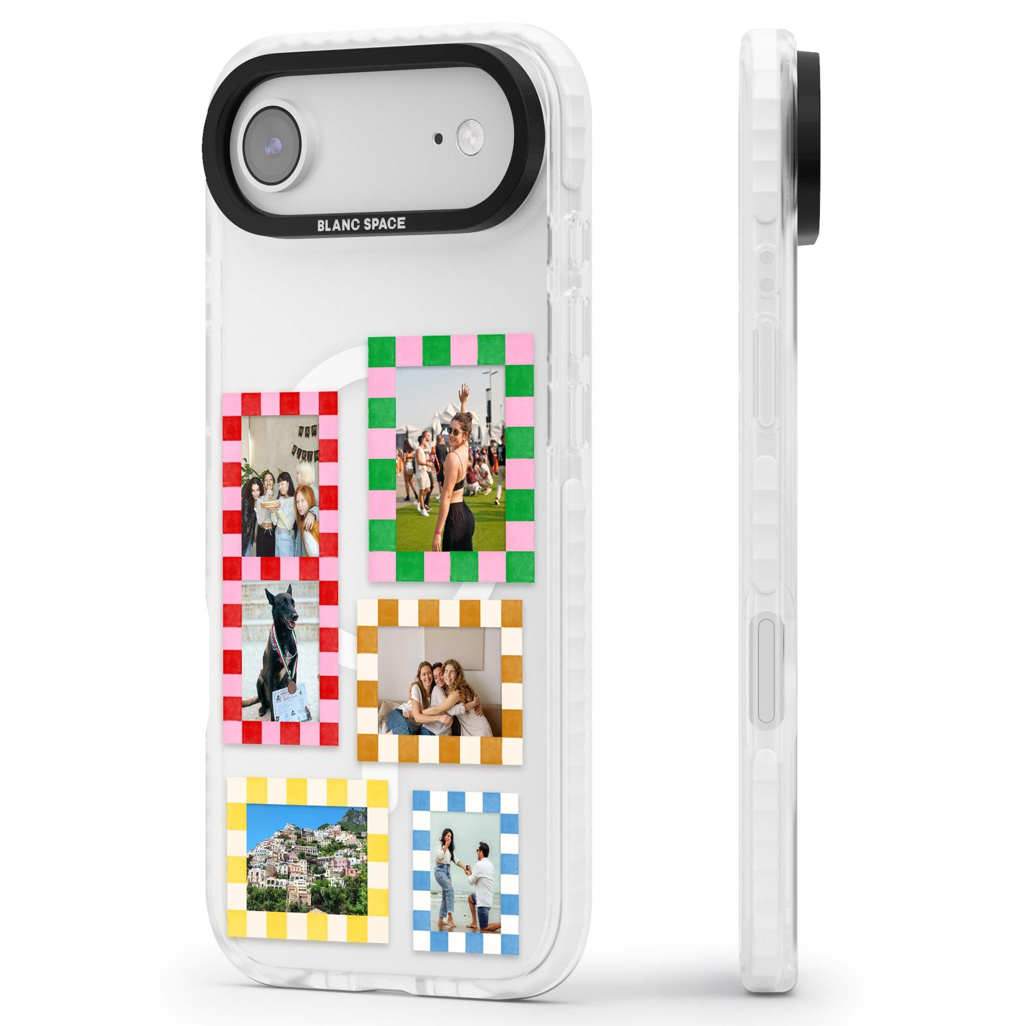Italian Check Frames custom photo collage iPhone case featuring six checkered photo frames in red, green, pink and  | Impact Magsafe case for iPhone Air