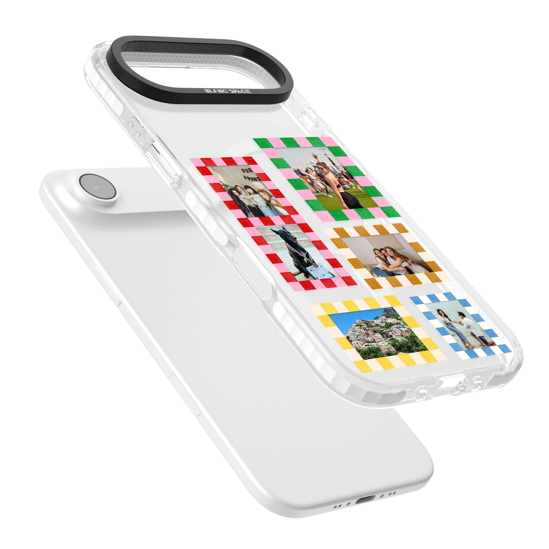 Italian Check Frames custom photo collage iPhone case featuring six checkered photo frames in red, green, pink and  | Impact Magsafe case for iPhone Air