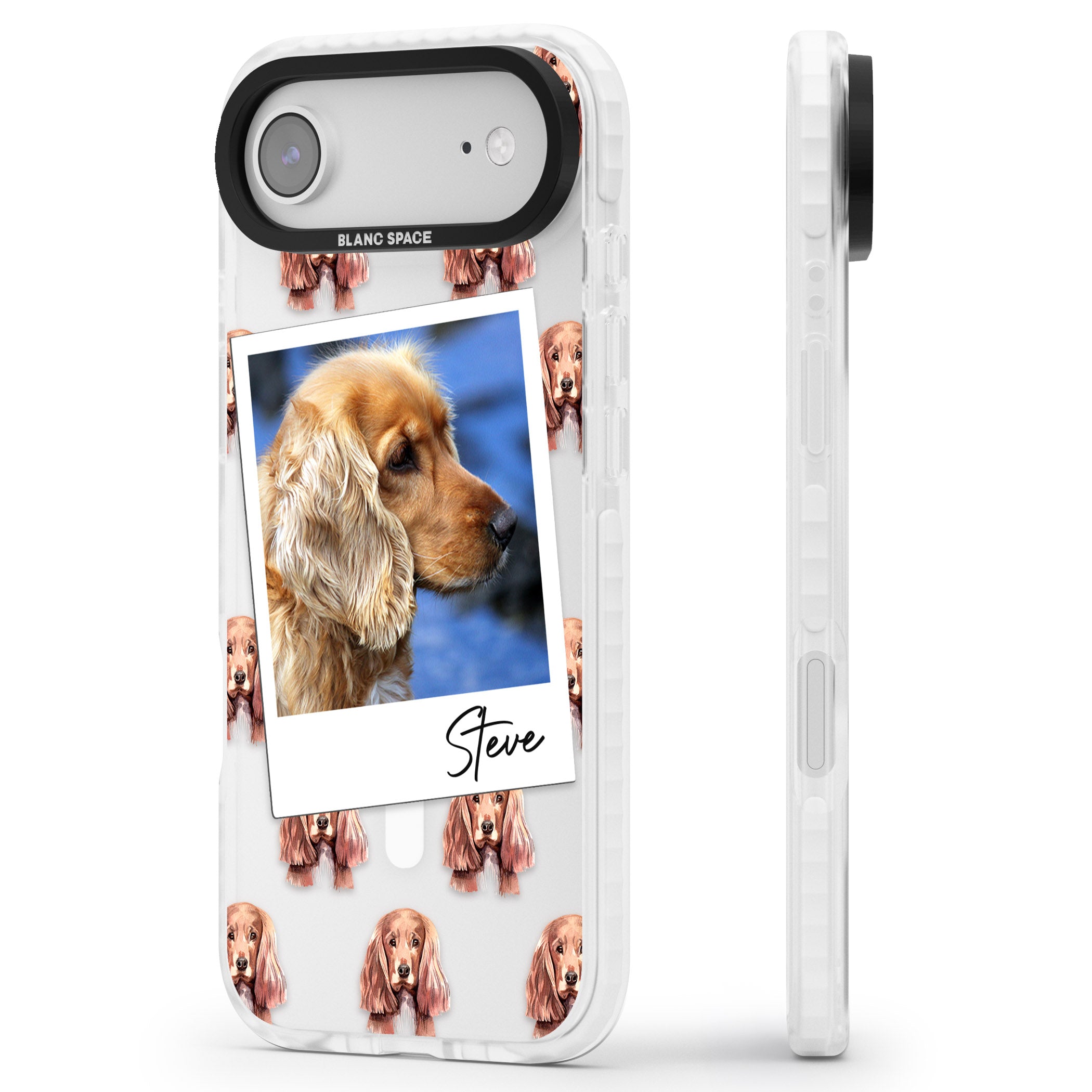 Personalised Cocker Spaniel Instant Camera Photo iPhone 17 Air Impact Pro Clear Phone Case Side Profile
