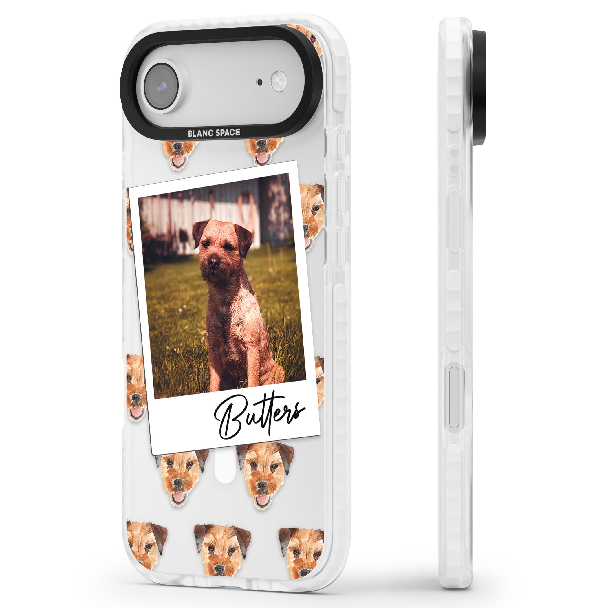 Personalised Border Terrier Instant Camera Photo iPhone 17 Air Impact Pro Clear Phone Case Side Profile