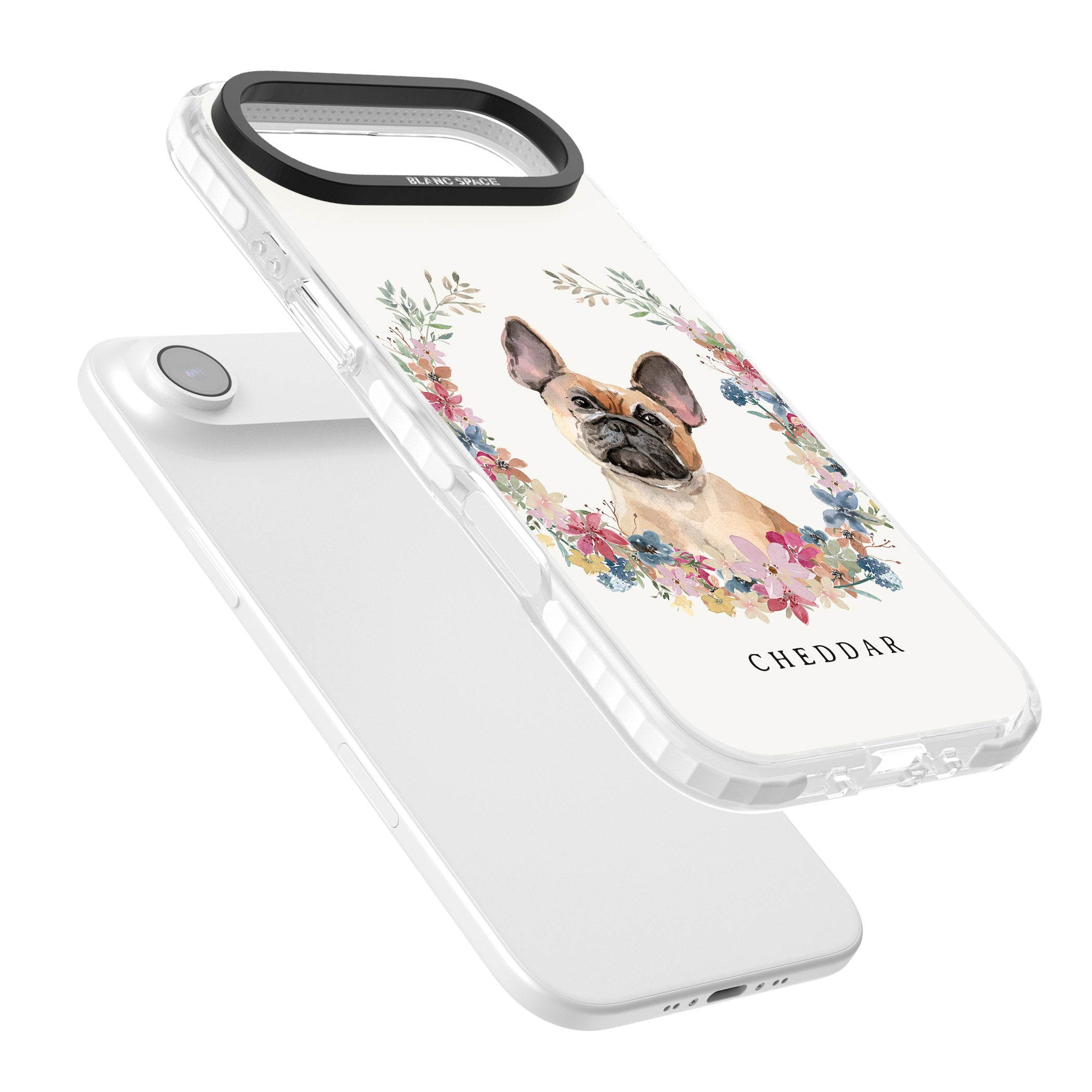 Personalised Tan French Bulldog Floral Portrait iPhone 17 Air Impact Pro Clear Phone Case Colours