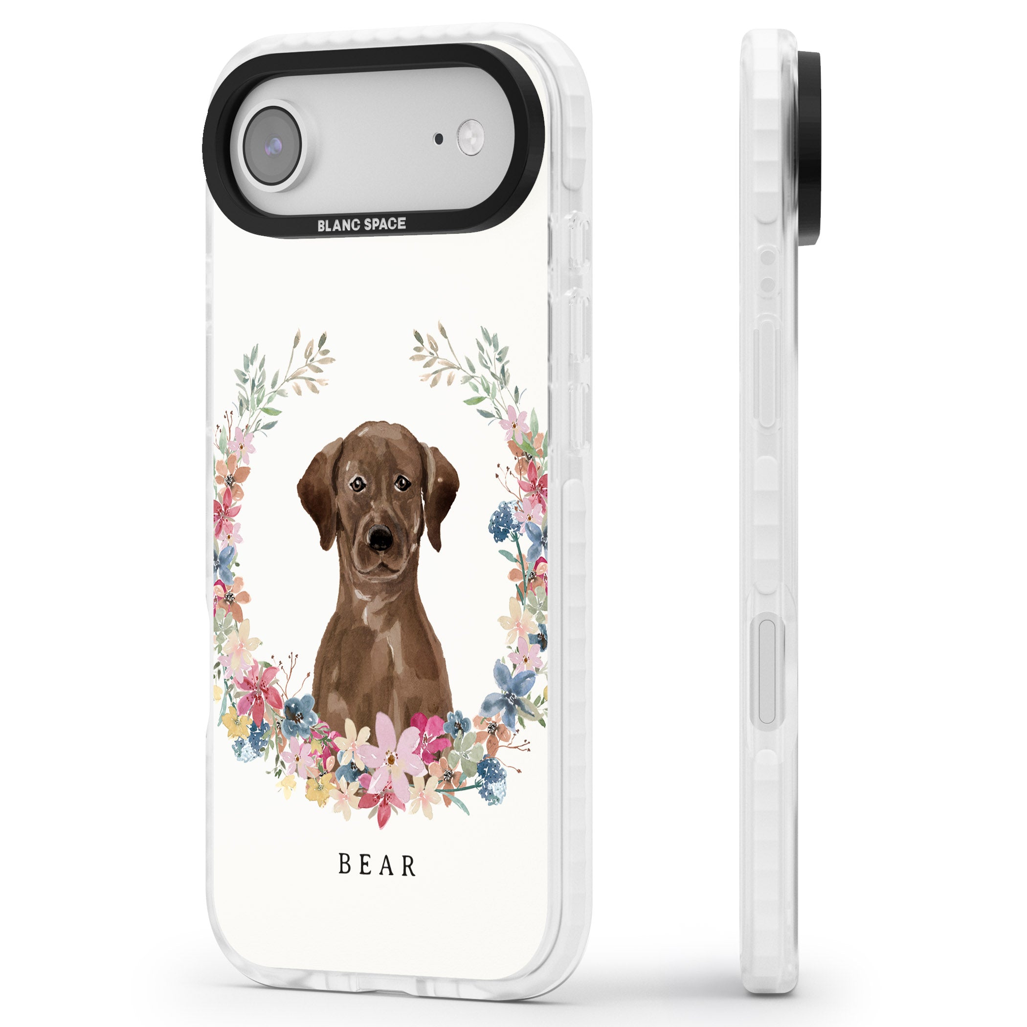 Personalised Chocolate Labrador Floral Portrait iPhone 17 Air Impact Pro Clear Phone Case Side Profile