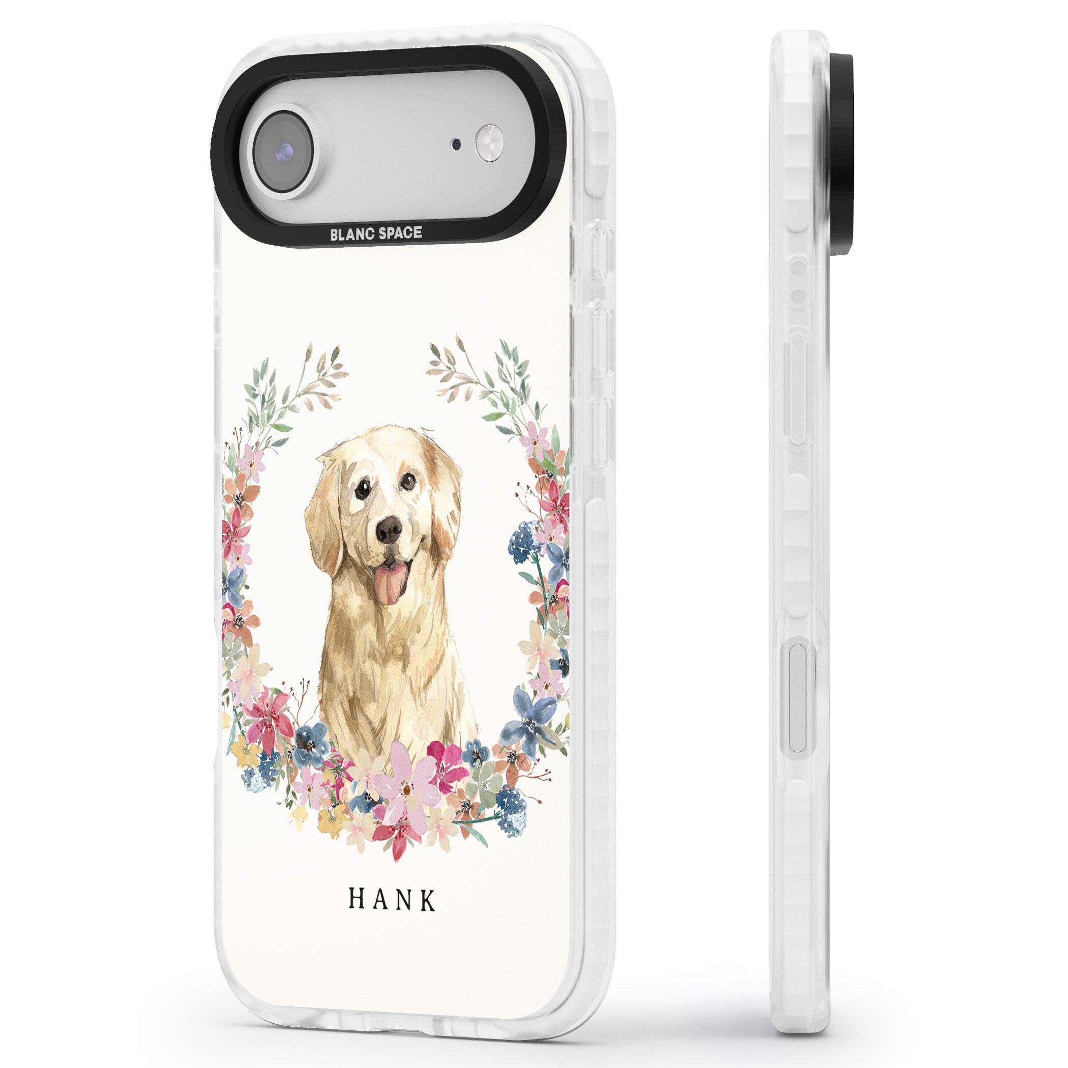 Personalised Golden Retriever Floral Portrait iPhone 17 Air Impact Pro Clear Phone Case Side Profile