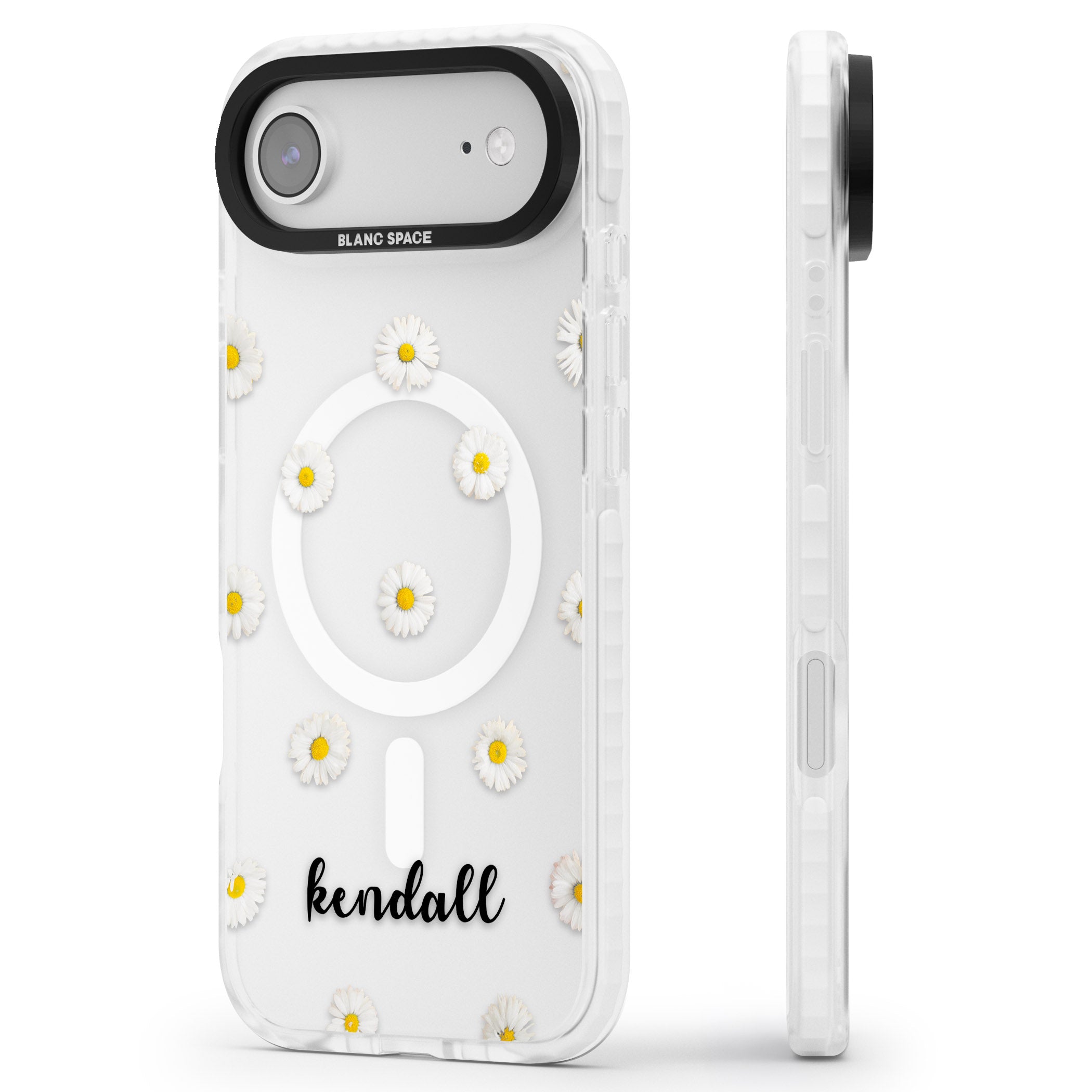 Personalised White Daisies & Cursive iPhone 17 Air Impact Pro Clear Phone Case Side Profile