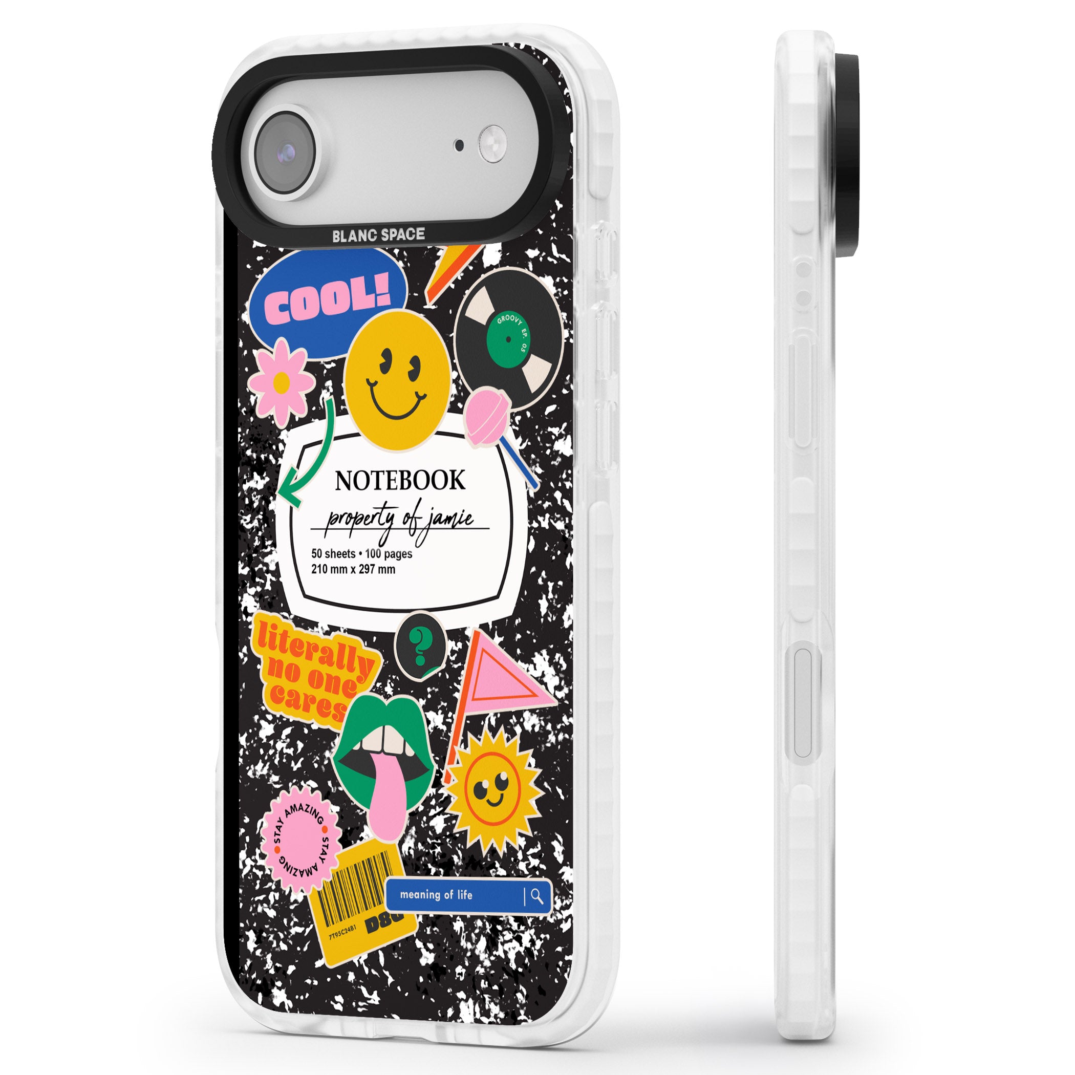 Personalised Quirky Notebook iPhone 17 Air Impact Pro Clear Phone Case Side Profile